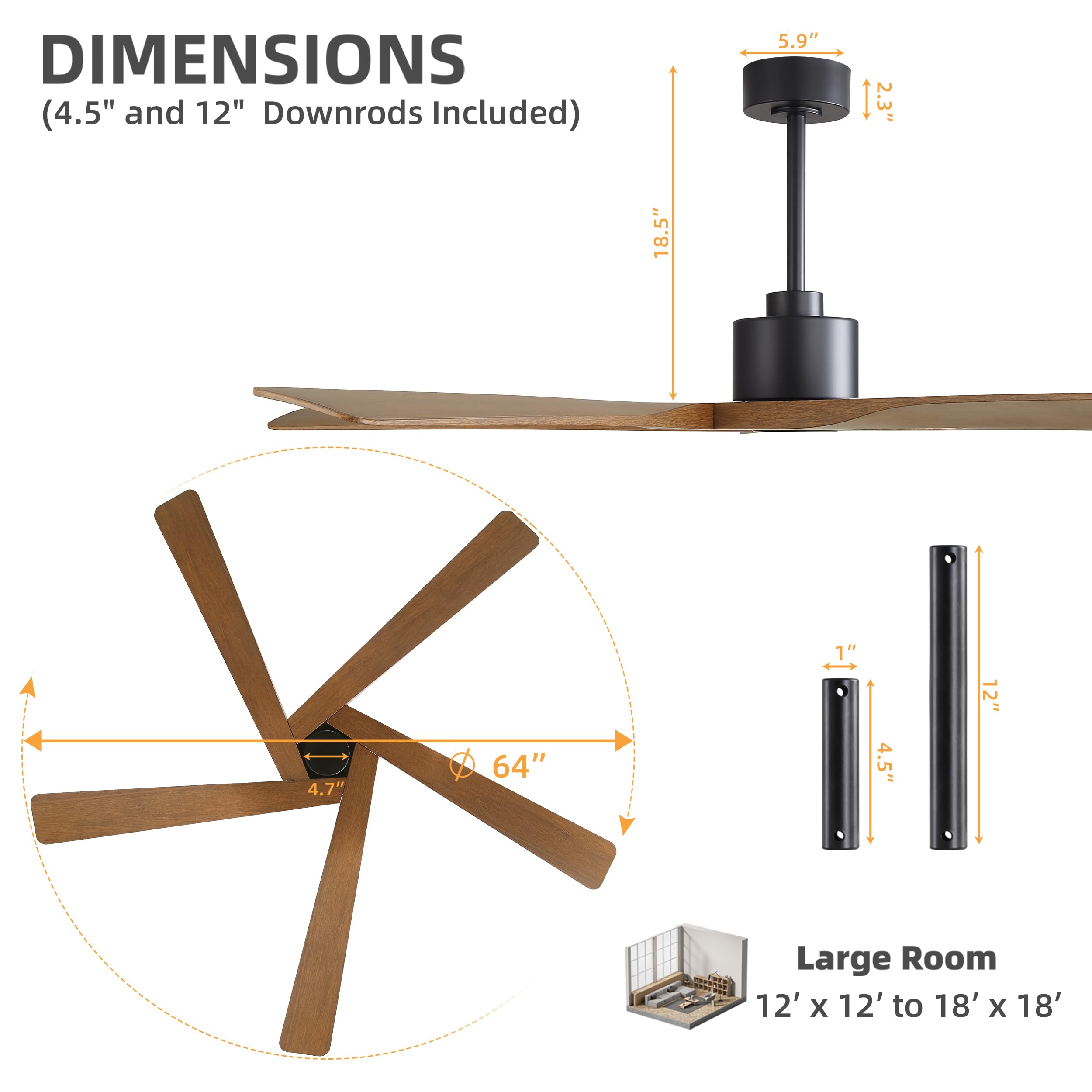 WINGBO 54" ABS DC Ceiling Fan No Light, 5 Blade Wood Grain ABS Ceiling Fan with Remote, 6-Speed Reversible DC Motor, Ceiling Fans without Light for Kitchen Bedroom Living Room, Antique Nickel and Grey