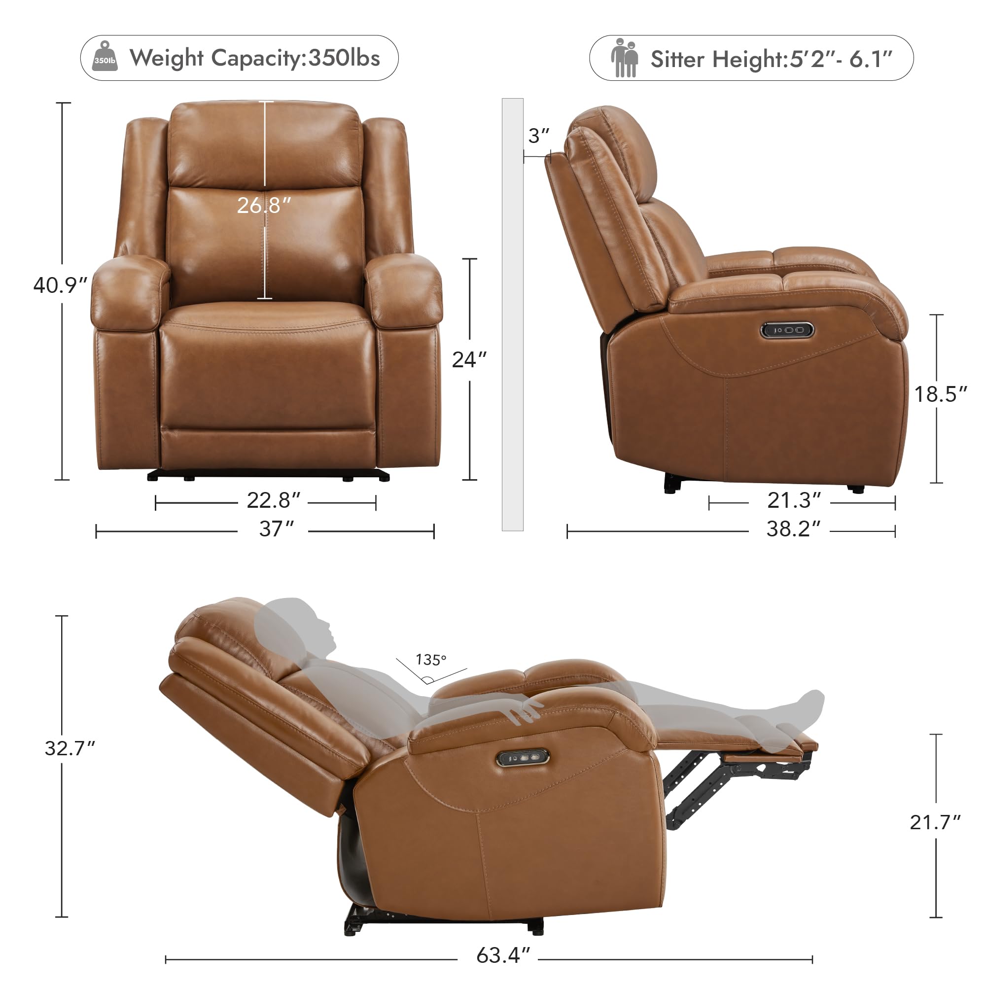 Watson & Whitely Genuine Leather Power Recliner Chairs for Adults, Wall Hugger RV Recliner with Power Headrest & Charging Ports, Electric Recliner Sofa Chair for Living Room, Black