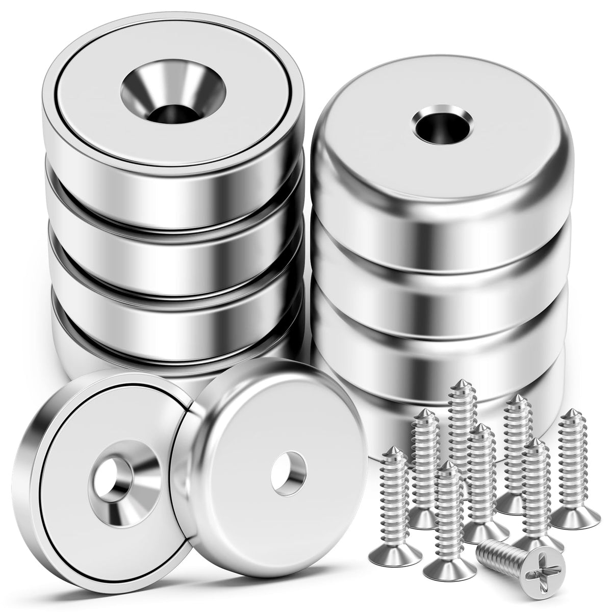 VNDUEEY Magnets with Holes, Strong Rare Earth Magnets, 8 Pack 40LBS Neodymium Cup Magnet with Stainless Screws for Wall Mounting, Round Base Disc Magnet for Kitchen, Office, Workplace, DIY Craft