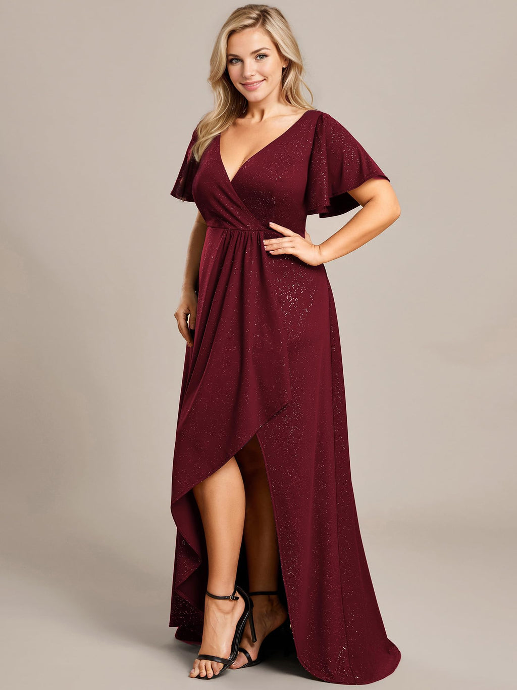 Ever-Pretty Glitter Formal Dresses for Cuvvy Women Plus Size A-line High Low Wedding Guest Gala Dress with Ruffles Sleeves