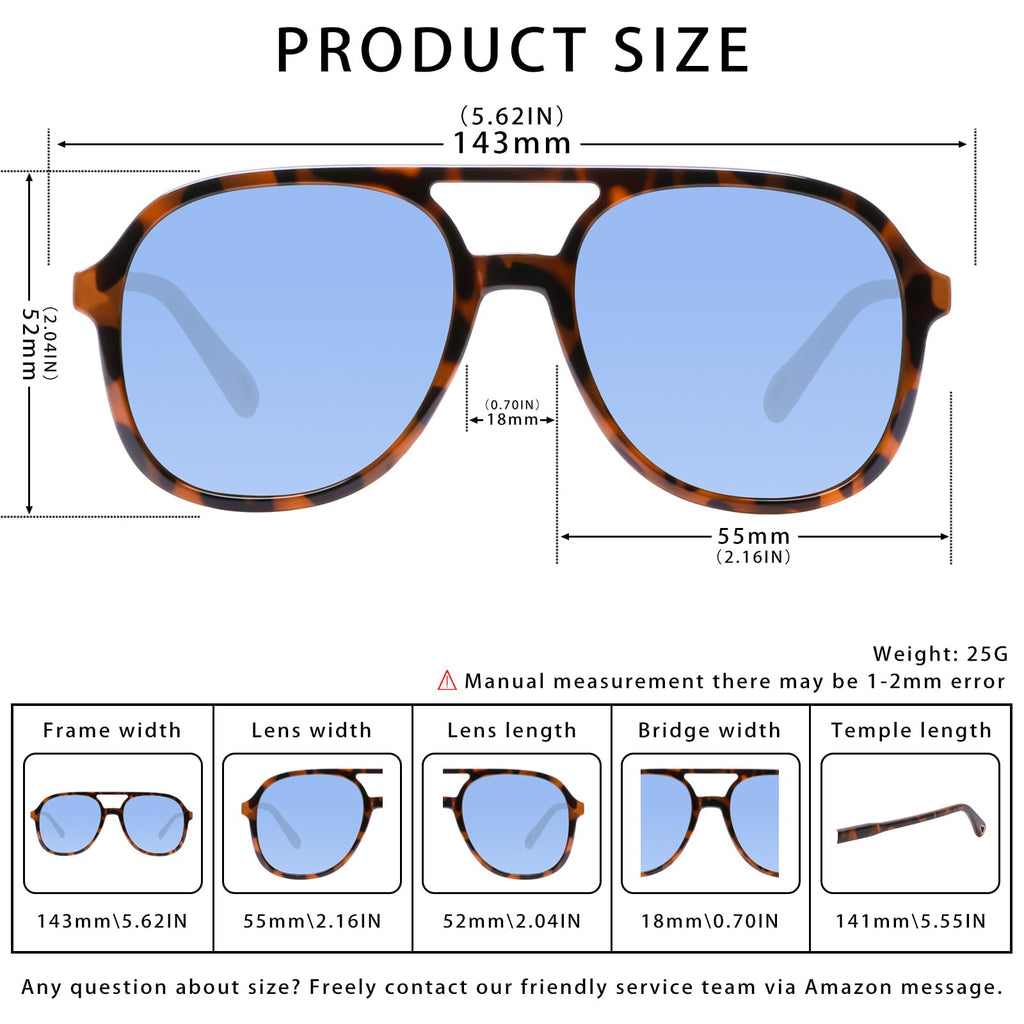 YDAOWKN Retro Square Aviator Sunglasses for Womens Mens Vintage 70s Double Bridge Sun Glasses