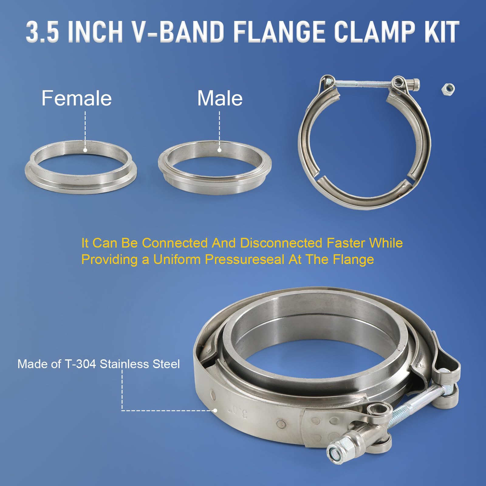 2.25" V-Band Flange Clamp Kit With Ridge Stainless Steel Replacement For Exhaust Downpipe 2.25 Inch