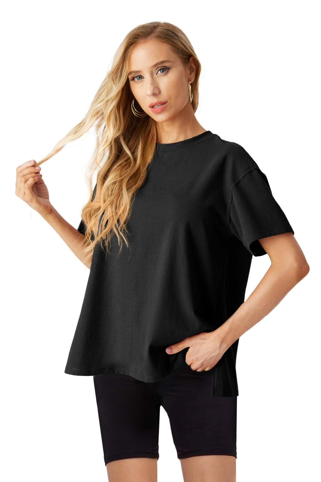 Lepunuo Oversized T Shirts for Women Summer Tops 2024 Trendy Cotton Casual Loose Fit Short Sleeve Side Slit Tee Shirts