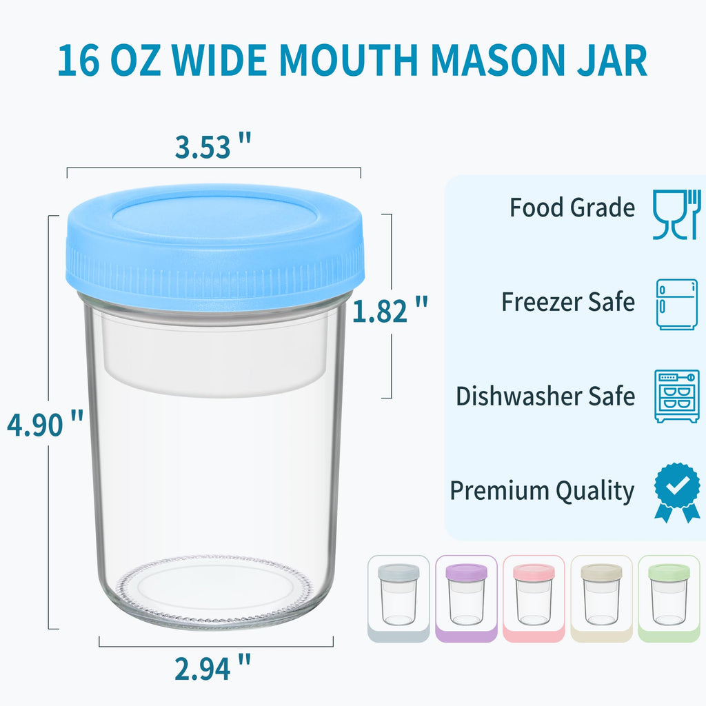 Xyptorix 16 oz Overnight Oats Containers with Airtight Lids - 2-Pack Leak-Proof Wide Mouth Mason Jars & Divided Cups for Dried and Wet Foods, Glass Jars for Chia Pudding, Salad, Snacks, and Yogurt
