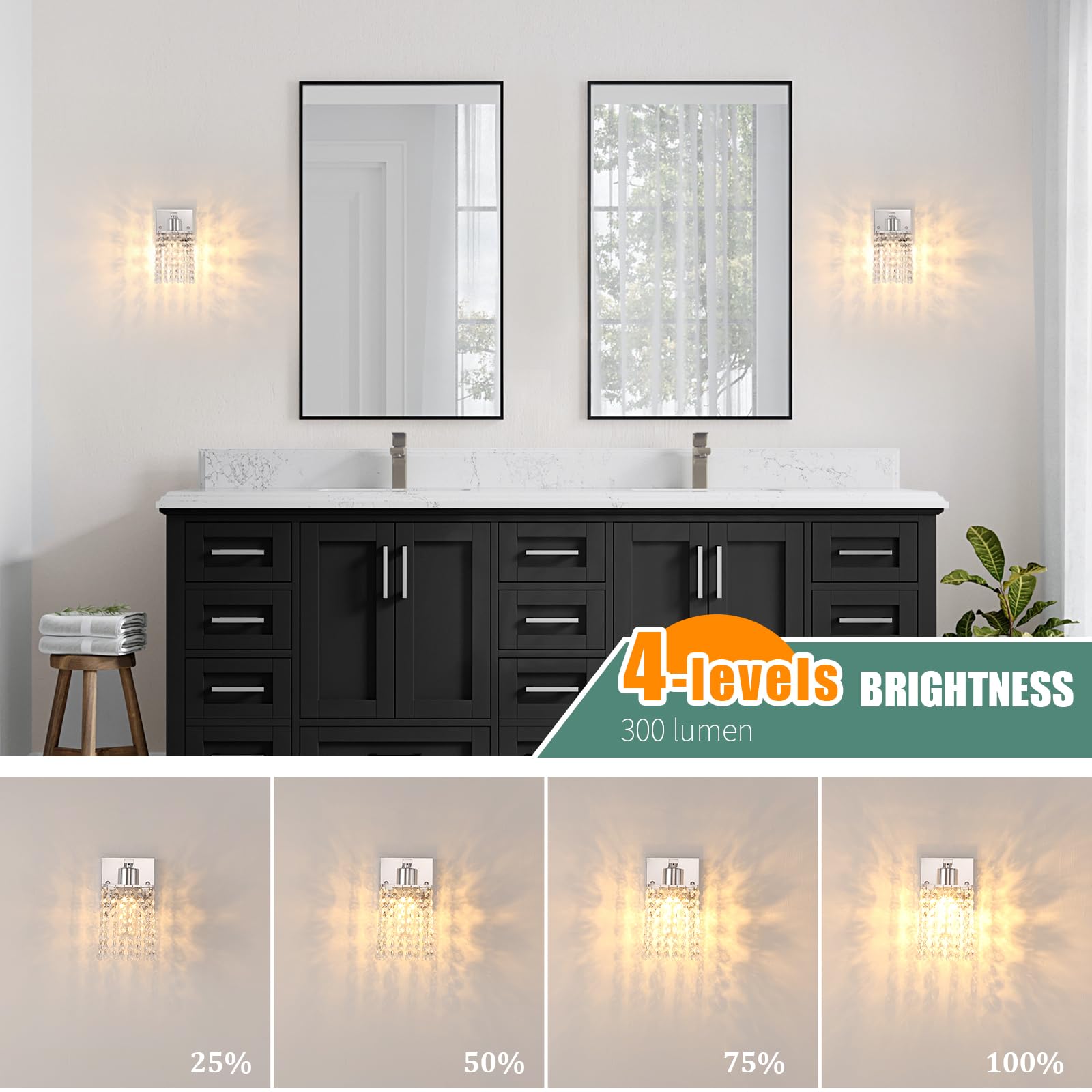 Shenmoyl Set of 2 Crystal Battery Operated Wall Sconce, Rechargeable Battery Powered Wall Lamp with Remote Control, Modern Dimmable Wall Lights for Bedroom Bathroom(Green, Gold Base)