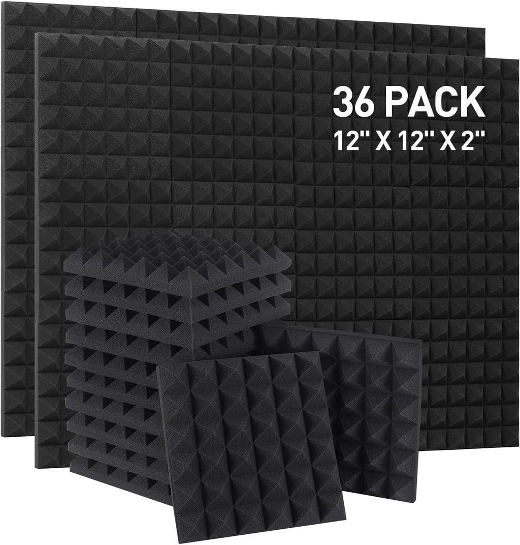Soundproof Panels - 12" x 12" x 2" Pyramid Acoustic Foam, 36 Pieces, Sound Absorbing Panels, Sound Absorbing Panels, High Density and Fireproof Wall Panels (Black)