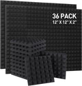 Soundproof Panels - 12" x 12" x 2" Pyramid Acoustic Foam, 36 Pieces, Sound Absorbing Panels, Sound Absorbing Panels, High Density and Fireproof Wall Panels (Black)