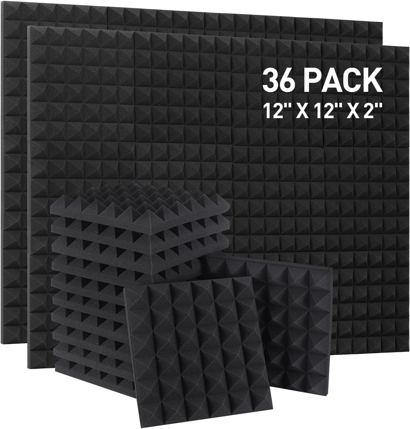 Soundproof Panels - 12" x 12" x 2" Pyramid Acoustic Foam, 36 Pieces, Sound Absorbing Panels, Sound Absorbing Panels, High Density and Fireproof Wall Panels (Black)