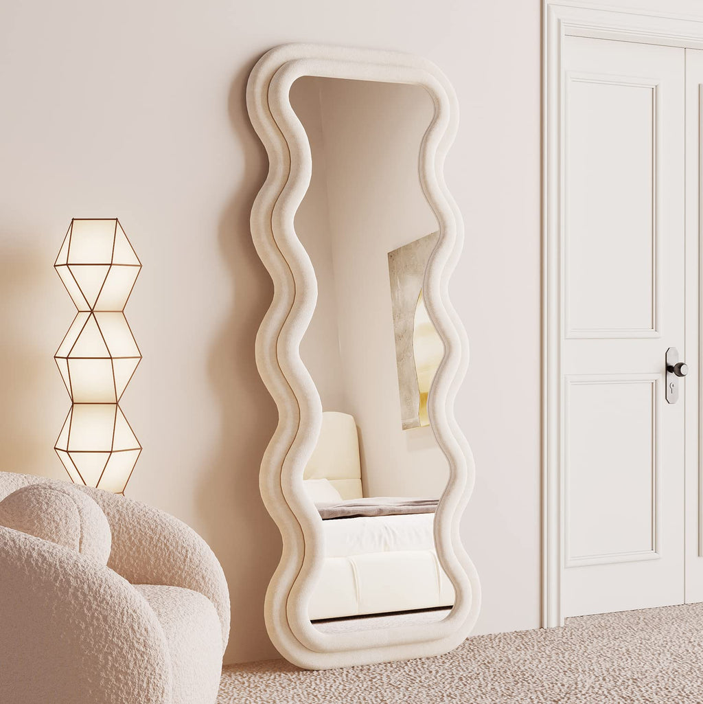 BOJOY Full Length Mirror, 63" x 24" Wall Mirror, Flannel Wrapped Wooden Frame Floor Mirror, Irregular Wavy Mirror Hanging or Leaning Against Wall for Cloakroom/Bedroom/Living Room, Black