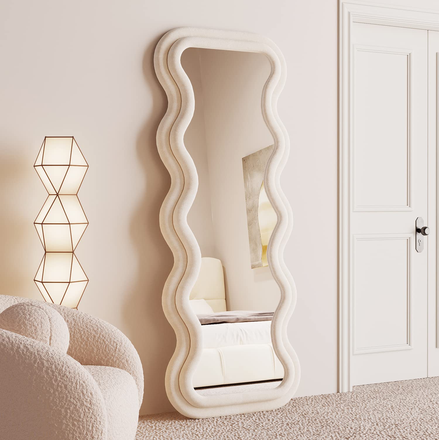 BOJOY Full Length Mirror, 63" x 24" Wall Mirror, Flannel Wrapped Wooden Frame Floor Mirror, Irregular Wavy Mirror Hanging or Leaning Against Wall for Cloakroom/Bedroom/Living Room, Black