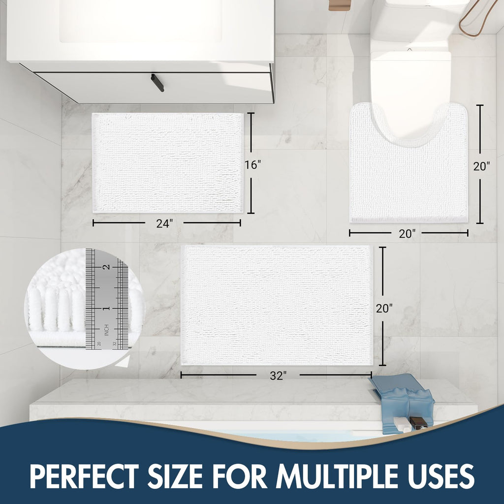 TREETONE Chenille Bath Mat 3 Pieces Bathroom Rugs Set, 20x20 Inches U-Shape Contoured Toilet Mat & 20x32 Inches Rug & Lid Cover,Water Absorbent Plush Rugs for Tub Shower & Bath Room -Beige