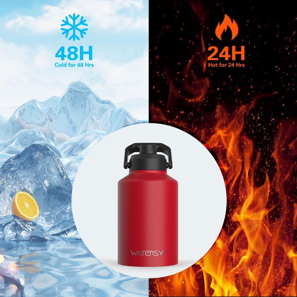 WATERSY Half Gallon Water Bottle Insulated(Cold for 48 Hrs),BPA Free&Leak Proof,64oz Stainless Steel Water Jug/Flask,Big thermo,Large Water Bottle with Handle for Gym,Hiking,Camping,Black