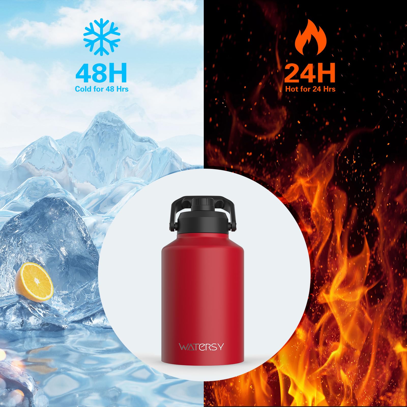WATERSY Half Gallon Water Bottle Insulated(Cold for 48 Hrs),BPA Free&Leak Proof,64oz Stainless Steel Water Jug/Flask,Big thermo,Large Water Bottle with Handle for Gym,Hiking,Camping,Black
