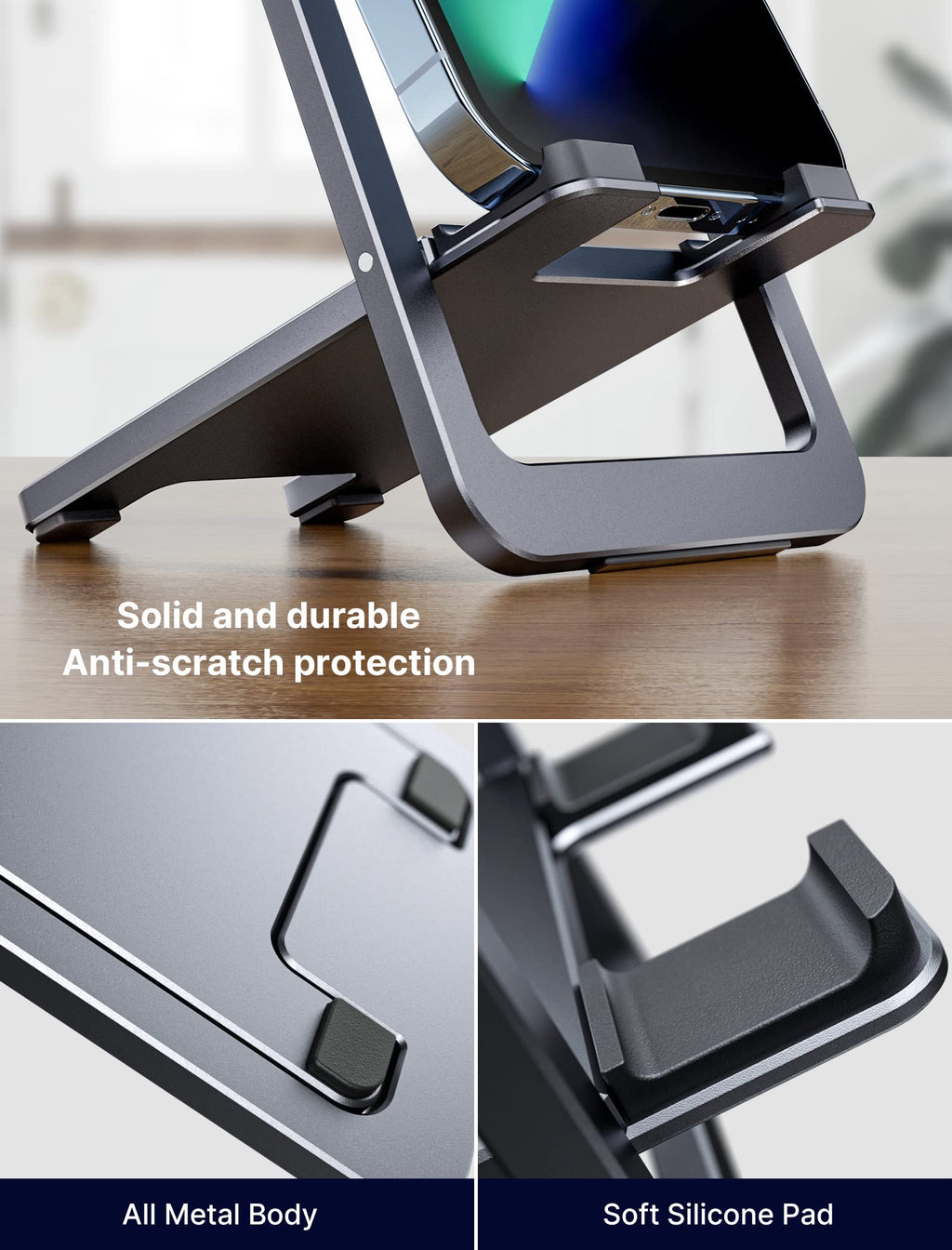 JSAUX Cell Phone Stand, Foldable Aluminum Adjustable Phone Holder for Desk Portable Travel Essentials Office Accessories for iPhone 17 16 15 14 13 Pro Max Samsung S25 S24 S23 Ultra Kindle-Black