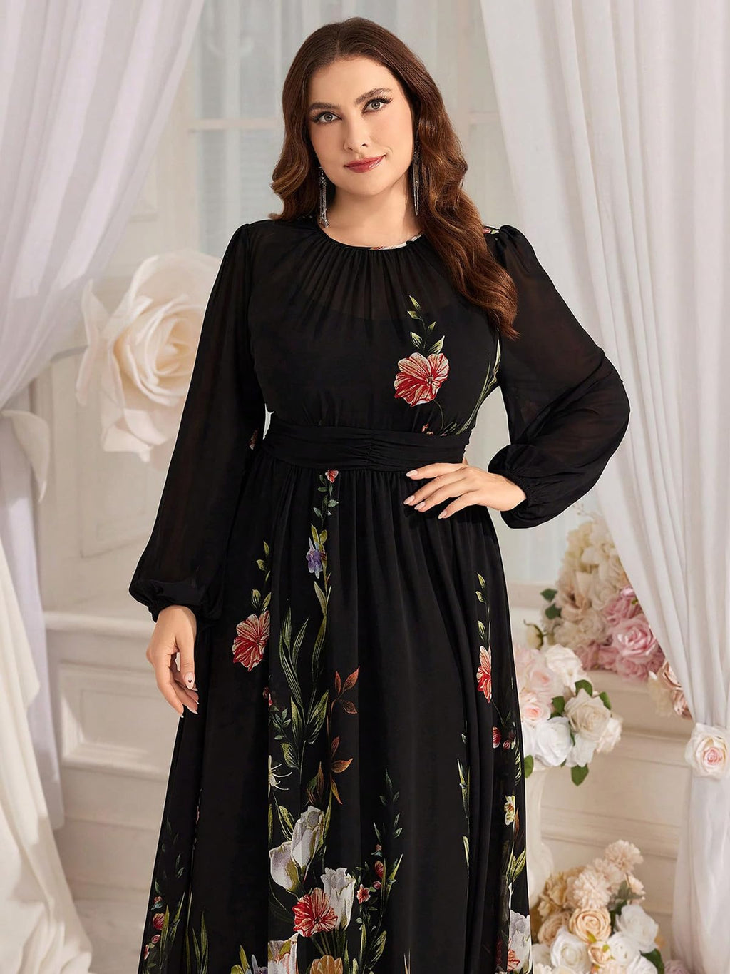 Spring Summer 2024 Plus Size Womens Dresses V Neck Casual Elegant Long Sleeve Floral Print Maxi Dress