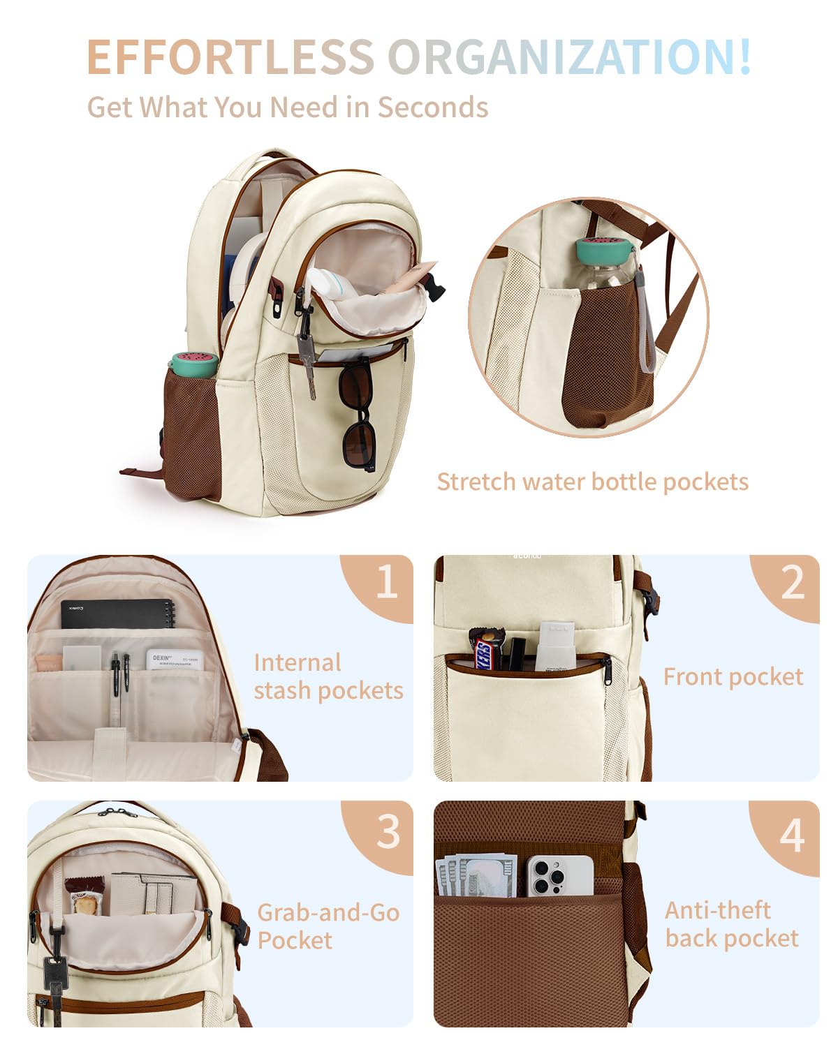 ECOHUB Travel Backpack for Women, 17.3 inch Suspended Laptop Backpack, Fashion Slim Water-Resistant College Computer Bookbag, 28L Personal Item Bag with 12 Pockets for Causal, Work, Beige