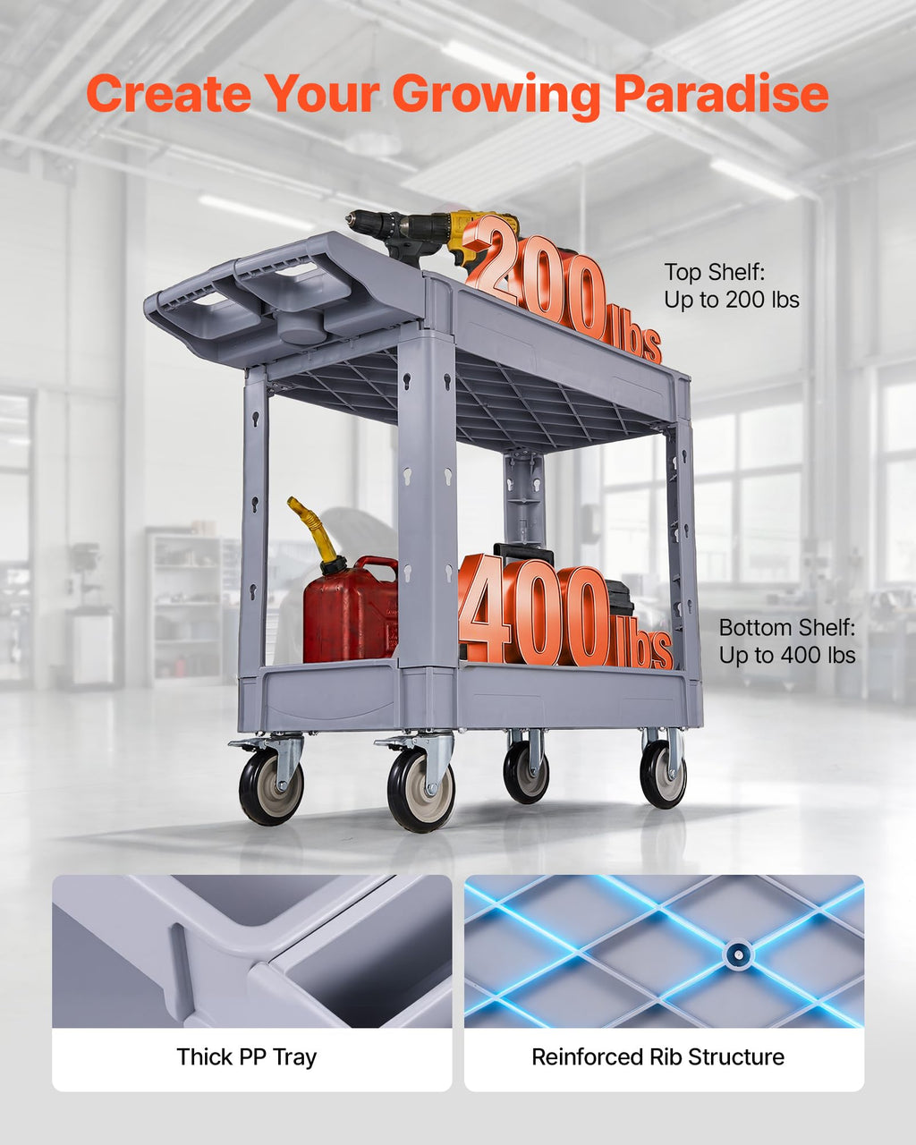 VEVOR Utility Service Cart, 2 Shelf 550LBS Heavy Duty Plastic Rolling Utility Cart, Medium Lipped Shelf, 360° Swivel Wheels, Ergonomic Storage Handle for Warehouse Garage, Black | Heavy Duty Rolling Cart with 360° Swivel Wheels, Medium Lipped Shelf, Ergon