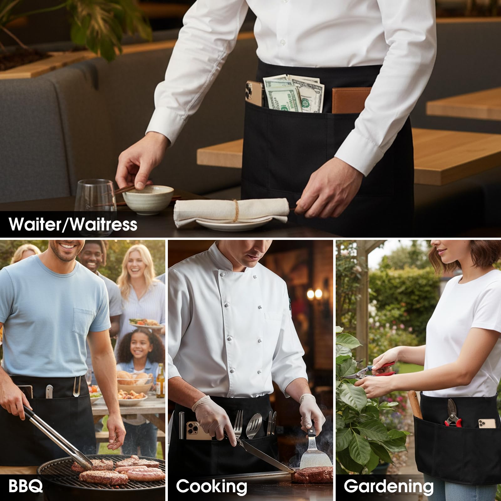BOHARERS Waist Apron with 3 Pockets - White Waitress Waiter Server Short Apron