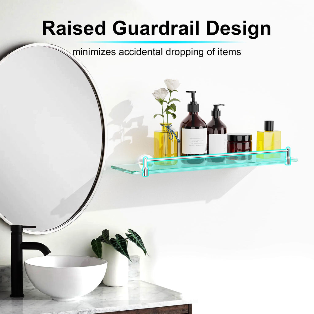 Glass Bathroom Shelves,Brushed Gold Floating Shelves for Wall Rectangular Modern Stainless Steel Glass Shelf for Bathroom Shelves wall Mounted 16 Inch
