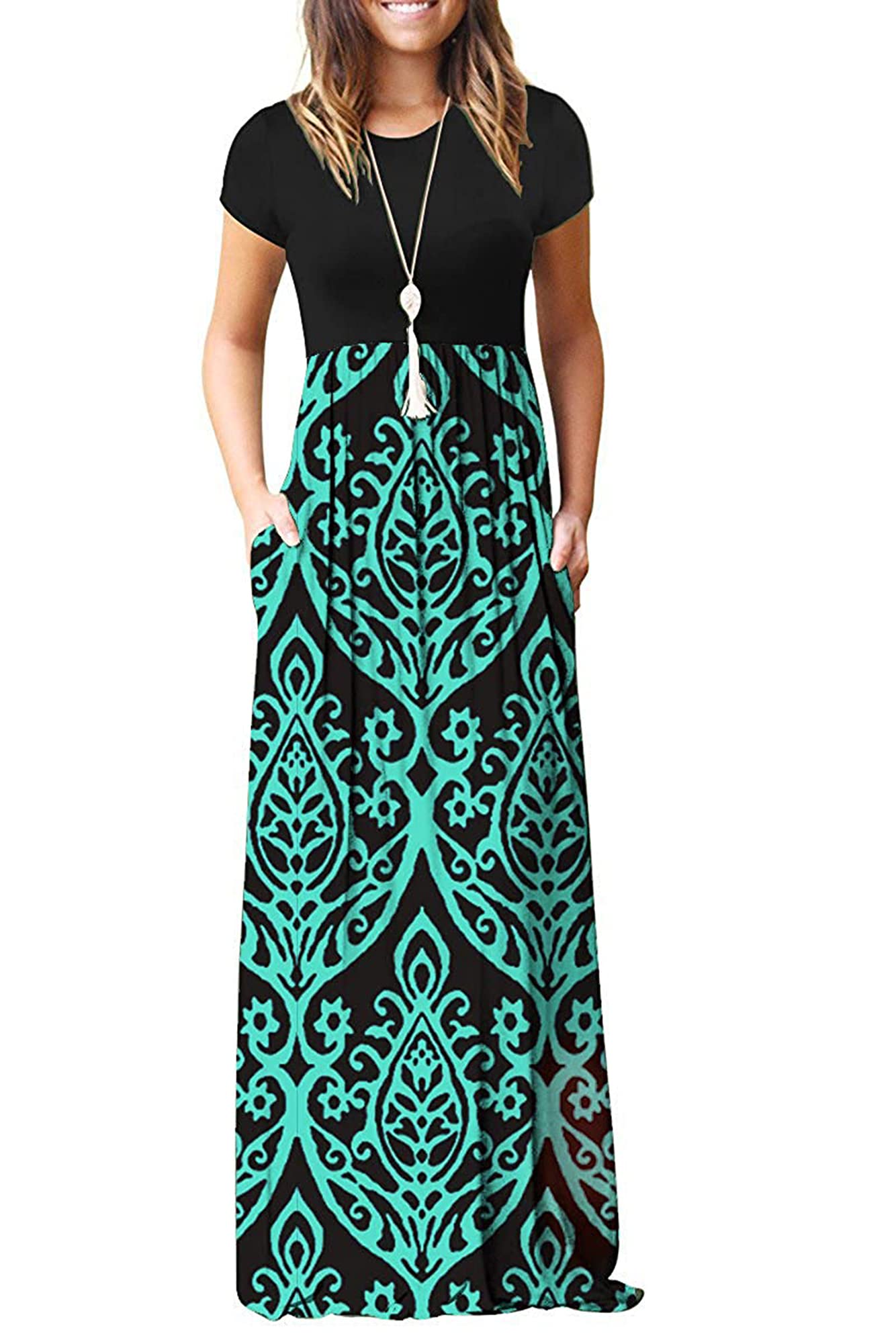 MISFAY Women Short Sleeve Loose Plain Maxi Dresses Casual Long Dresses Pockets
