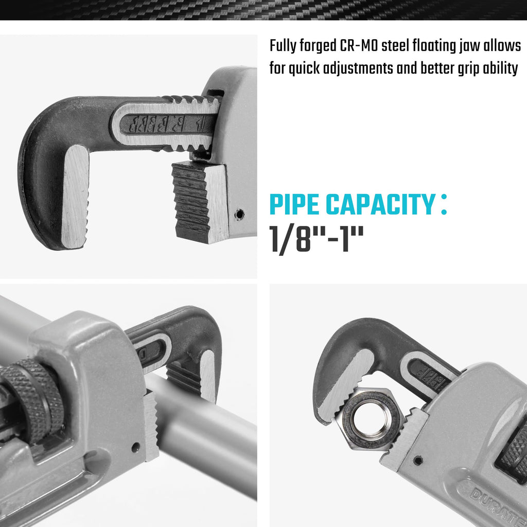 DURATECH 8-inch Heavy Duty Aluminum Straight Pipe Wrench, Adjustable Plumbing Wrench, Drop Forged, Exceed GGG standard