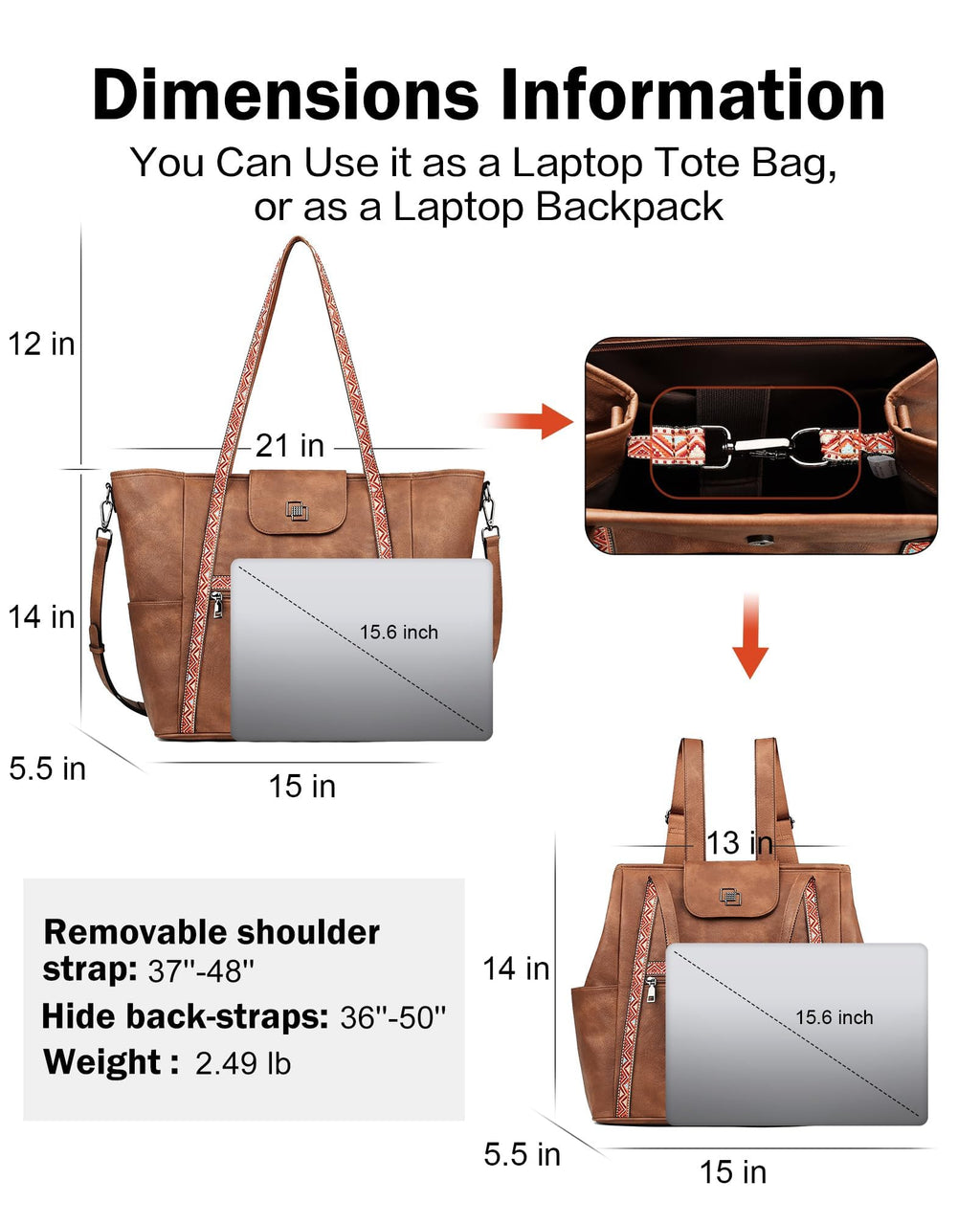 FADEON Large Laptop Tote Bag for Women Designer Leather Laptop Bag Fashion Travel Backpack Purse Shoulder Handbag