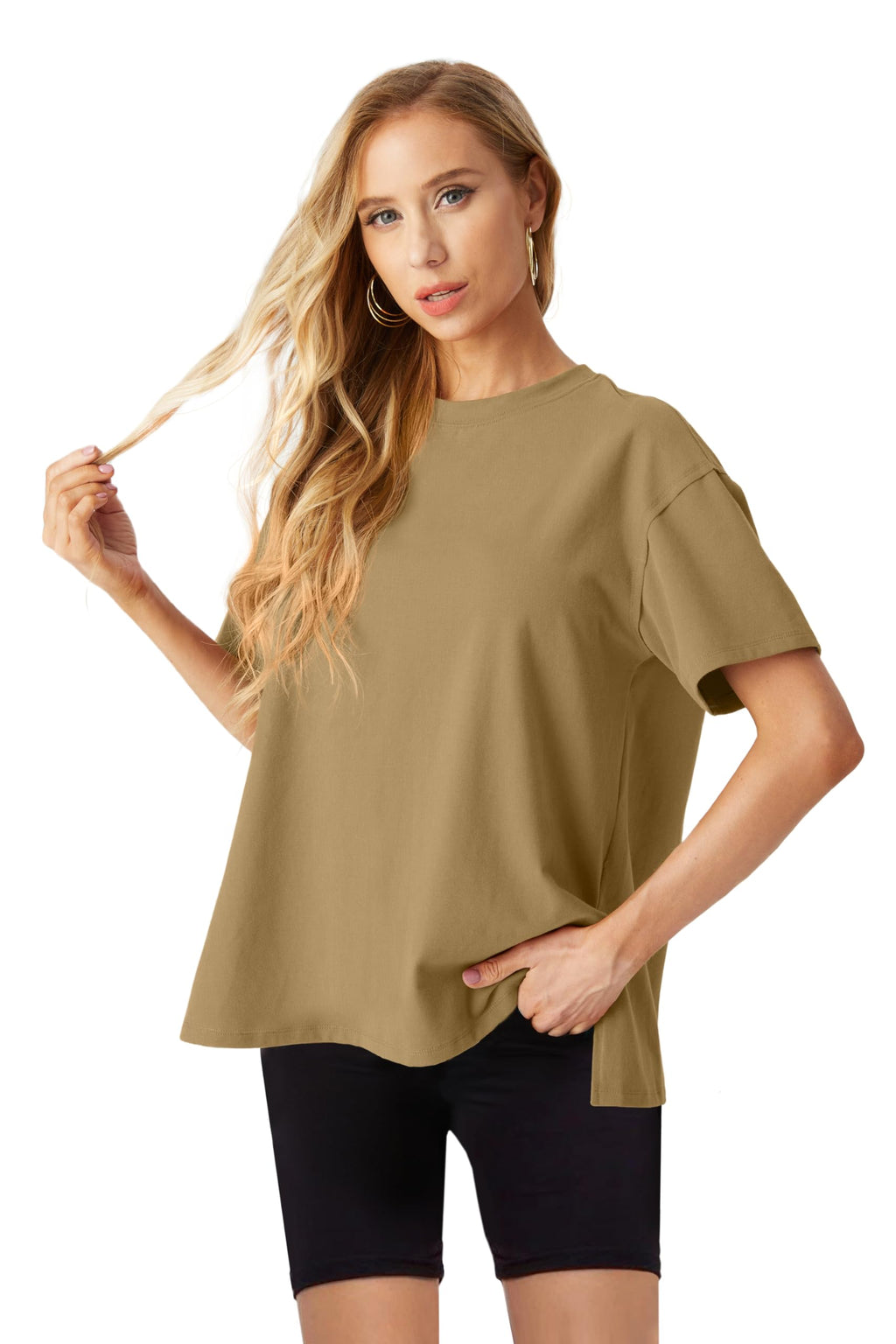 Lepunuo Oversized T Shirts for Women Summer Tops 2024 Trendy Cotton Casual Loose Fit Short Sleeve Side Slit Tee Shirts