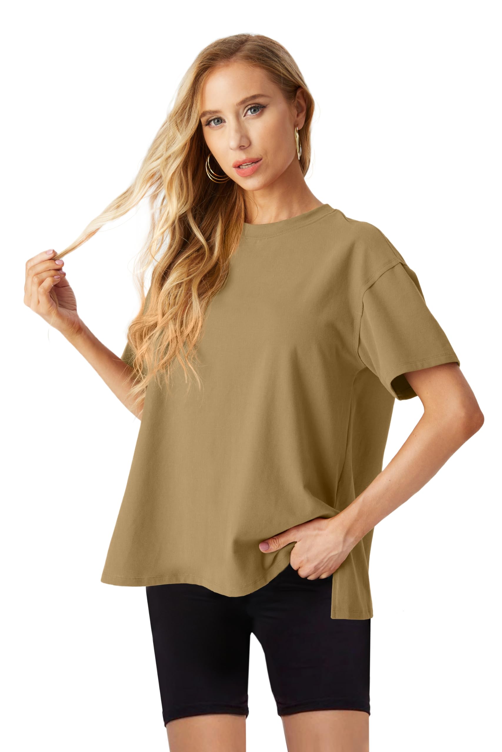 Lepunuo Oversized T Shirts for Women Summer Tops 2024 Trendy Cotton Casual Loose Fit Short Sleeve Side Slit Tee Shirts