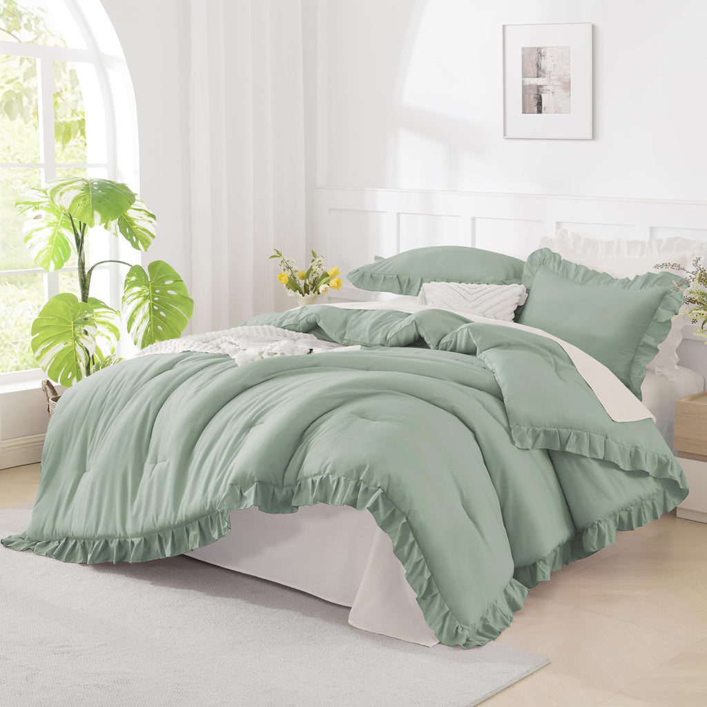 Andency Beige Twin Size Ruffle Comforter, 2 Pieces Farmhouse Shabby Classic Bed Set for Kids, Lighteweight Soft Polyester Bedding Set for Girls(1 Ruffle Comforter and 1 Pillowcase)
