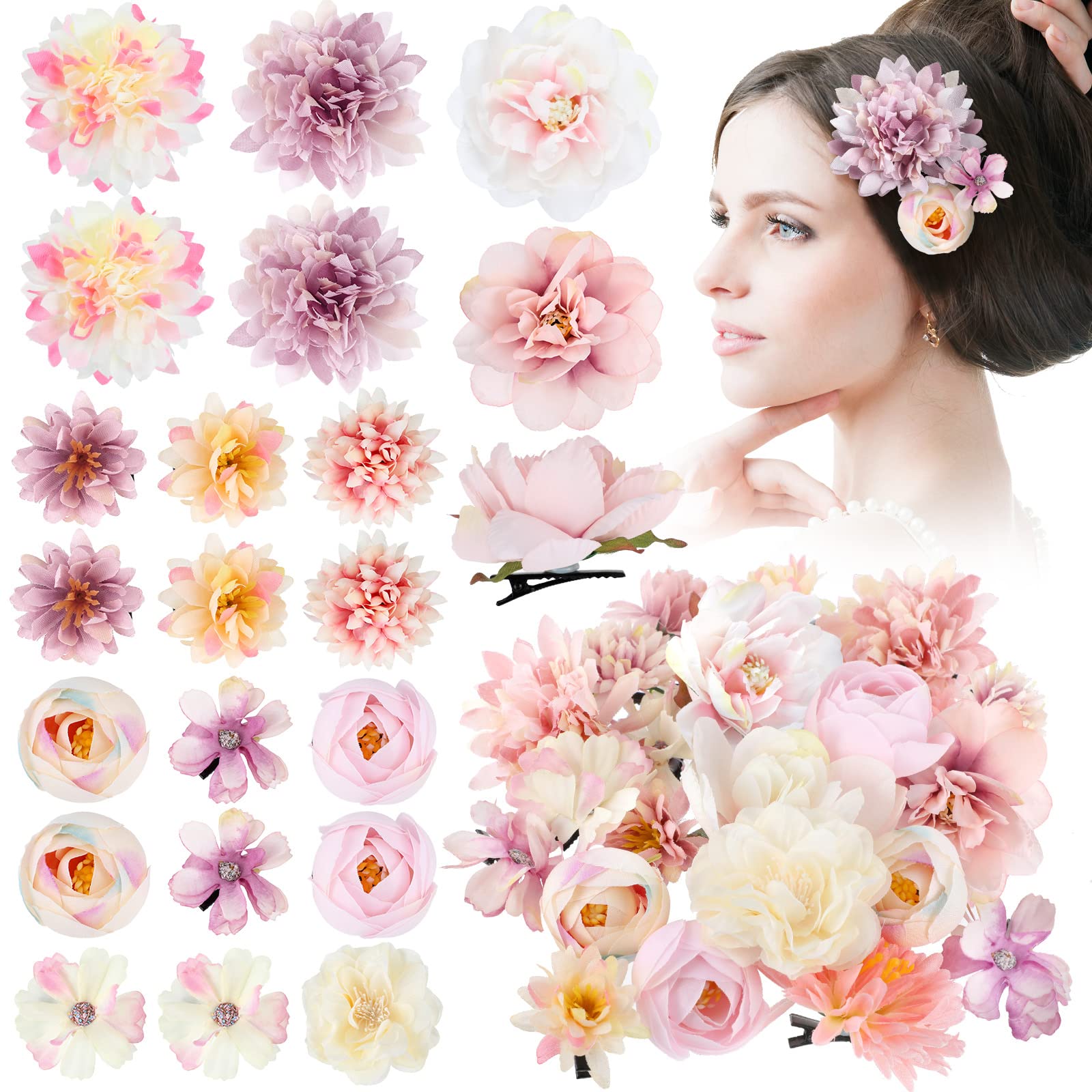 BBTO Flower Hair Clip Rose Hair Clips Barrettes for Women Flower Accessories Boho Bride Claw Clip Hairpin Brooch Pin Headpiece for Wedding(Beige Orange Series,21 Pcs)