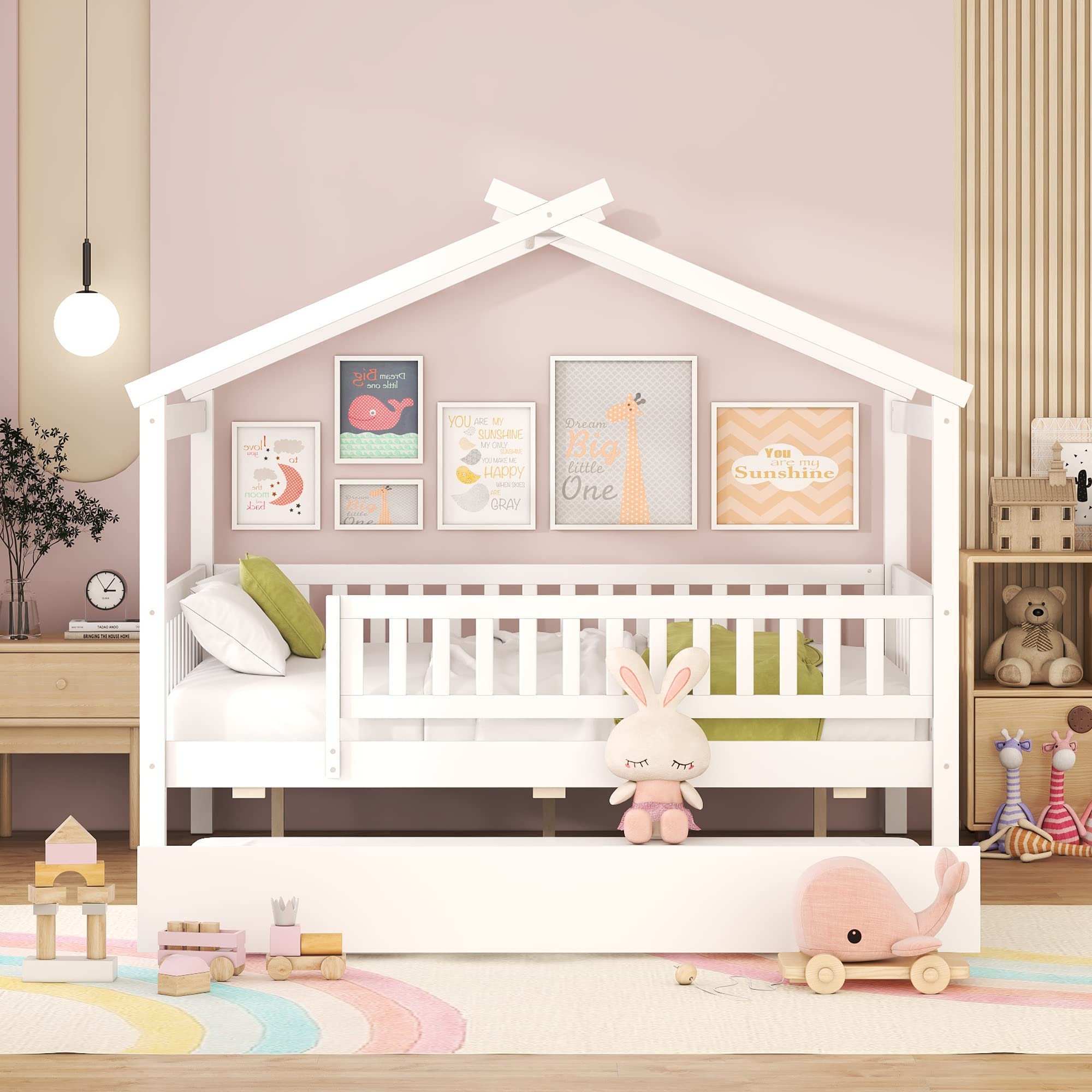 Merax Twin Size Wooden House Bed with Two Drawers, Wood Bed Frame with Roof for Kids, Teens, Boys or Girls, Grey