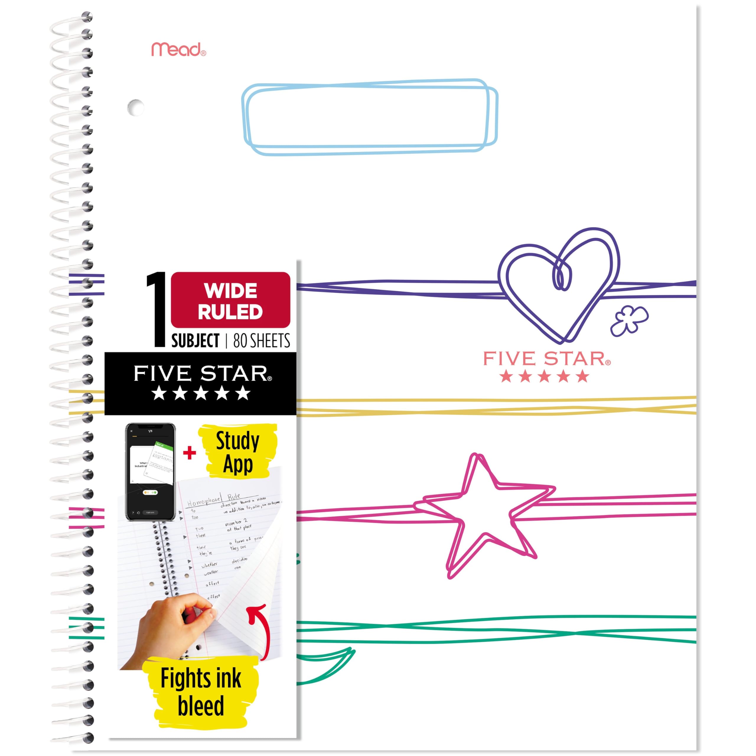 Five Star Spiral Notebook + Study App, 2 Pack, 1 Subject, Wide Ruled, 8" x 10-1/2", 80 Sheets, Fights Ink Bleed, Water Resistant Cover, Pastel Waves and Brush Strokes (930210F-ECM)