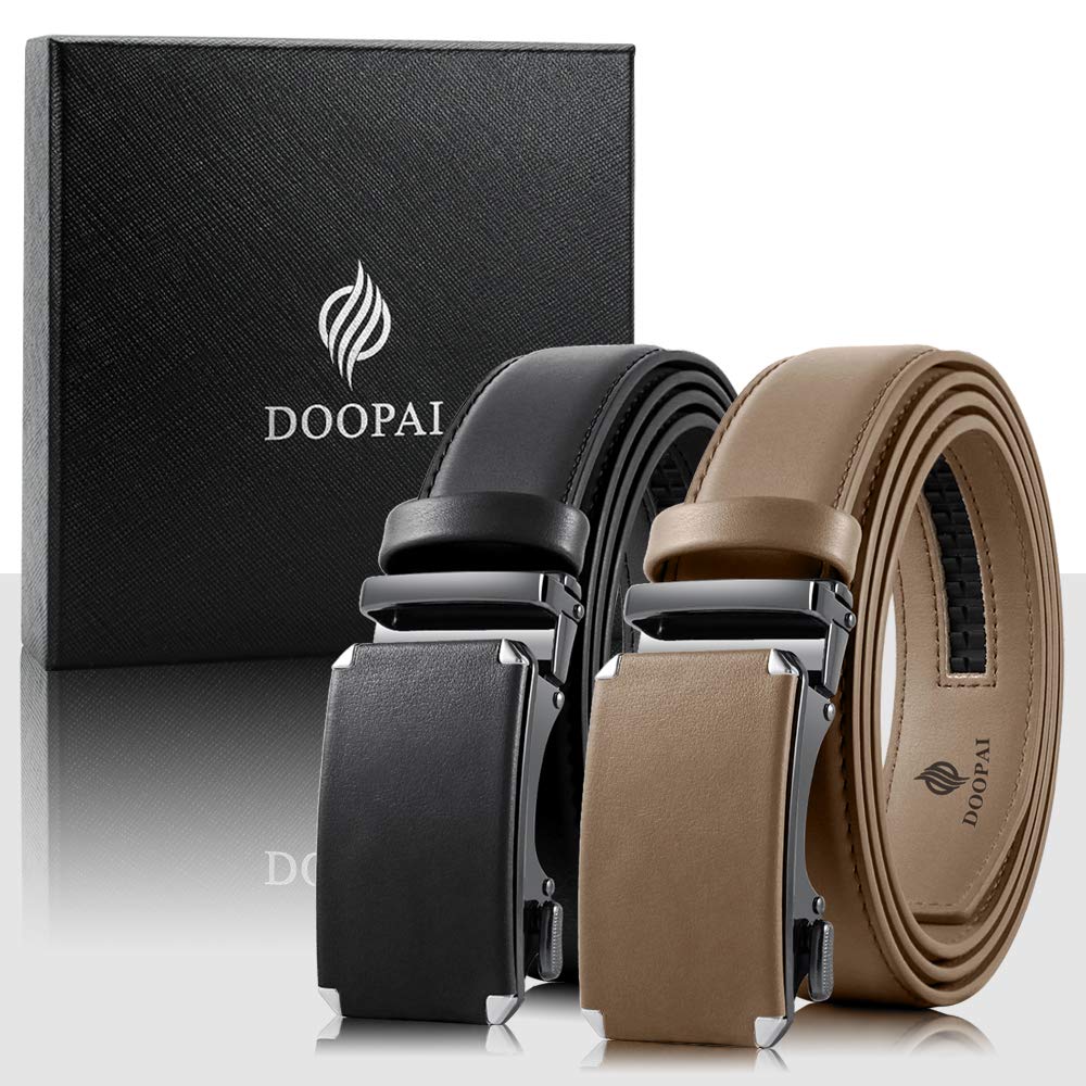 DOOPAI Men's 2 Pack Ratchet Dress Belt - Adjustable 1 3/8" Genuine Leather, Size Length Can Be Cut, With Gift Box
