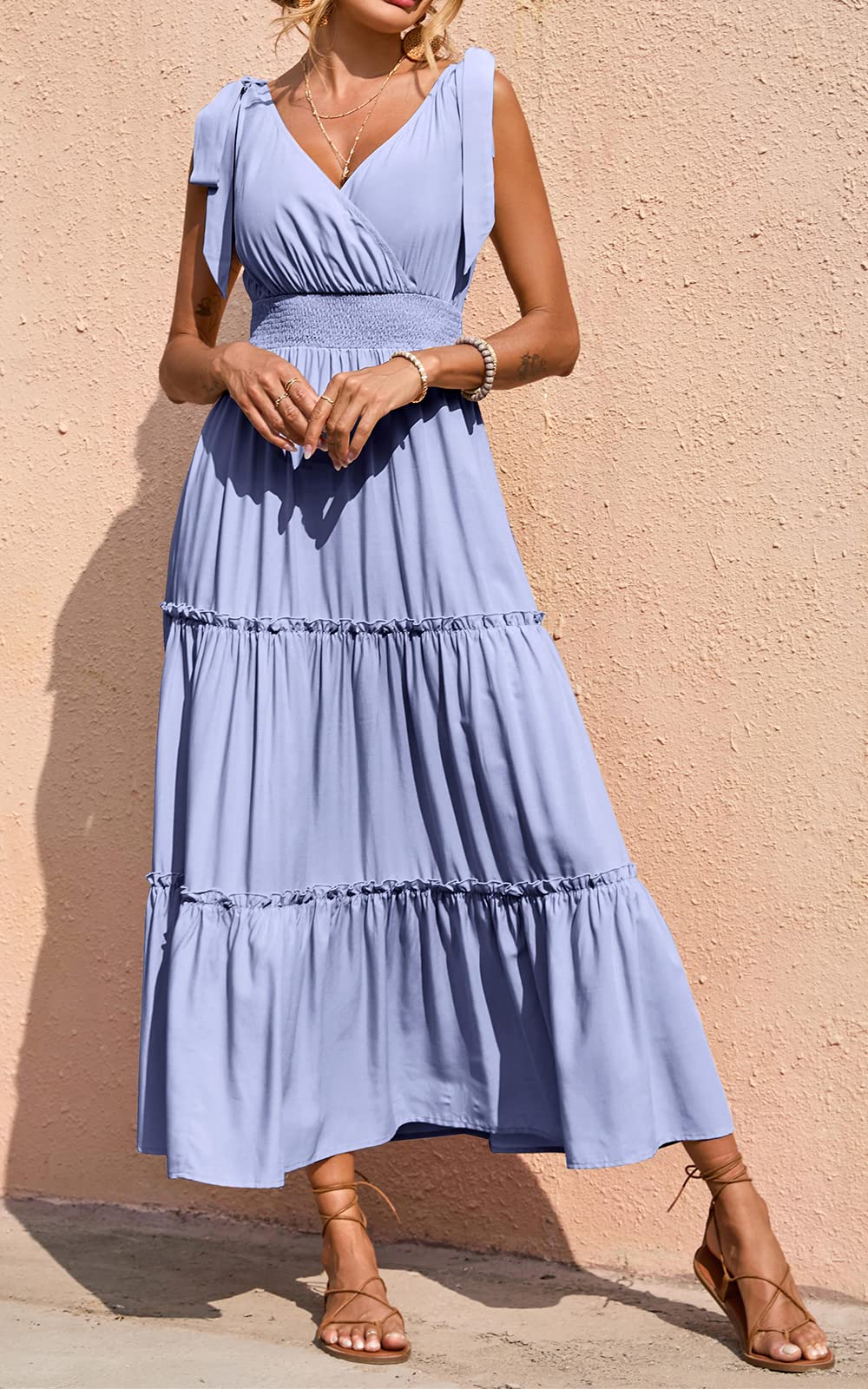 PRETTYGARDEN Women's Cross Neck Summer Sleeveless Tiered Maxi Dress Beach Tie Strap Smocked Long Dresses Pleated Sundress