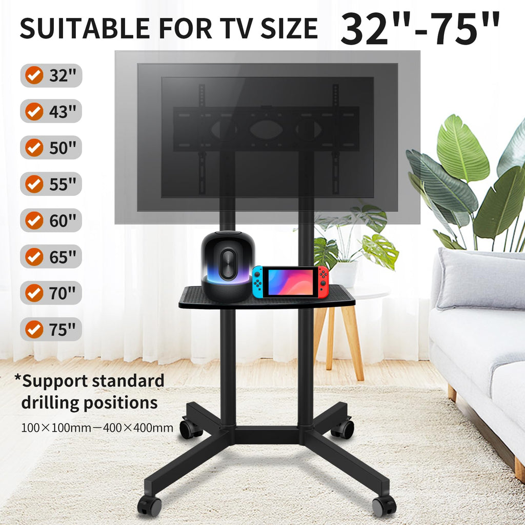 Solid Grace Rolling TV Stand with Power Outlet for 32-75 Inch TVs up to 88lbs, Portable TV Stand with Shelf, Mobile TV Cart for Living Room, Office, Meeting Room, Outdoor(with Power Outlet+Shelf)