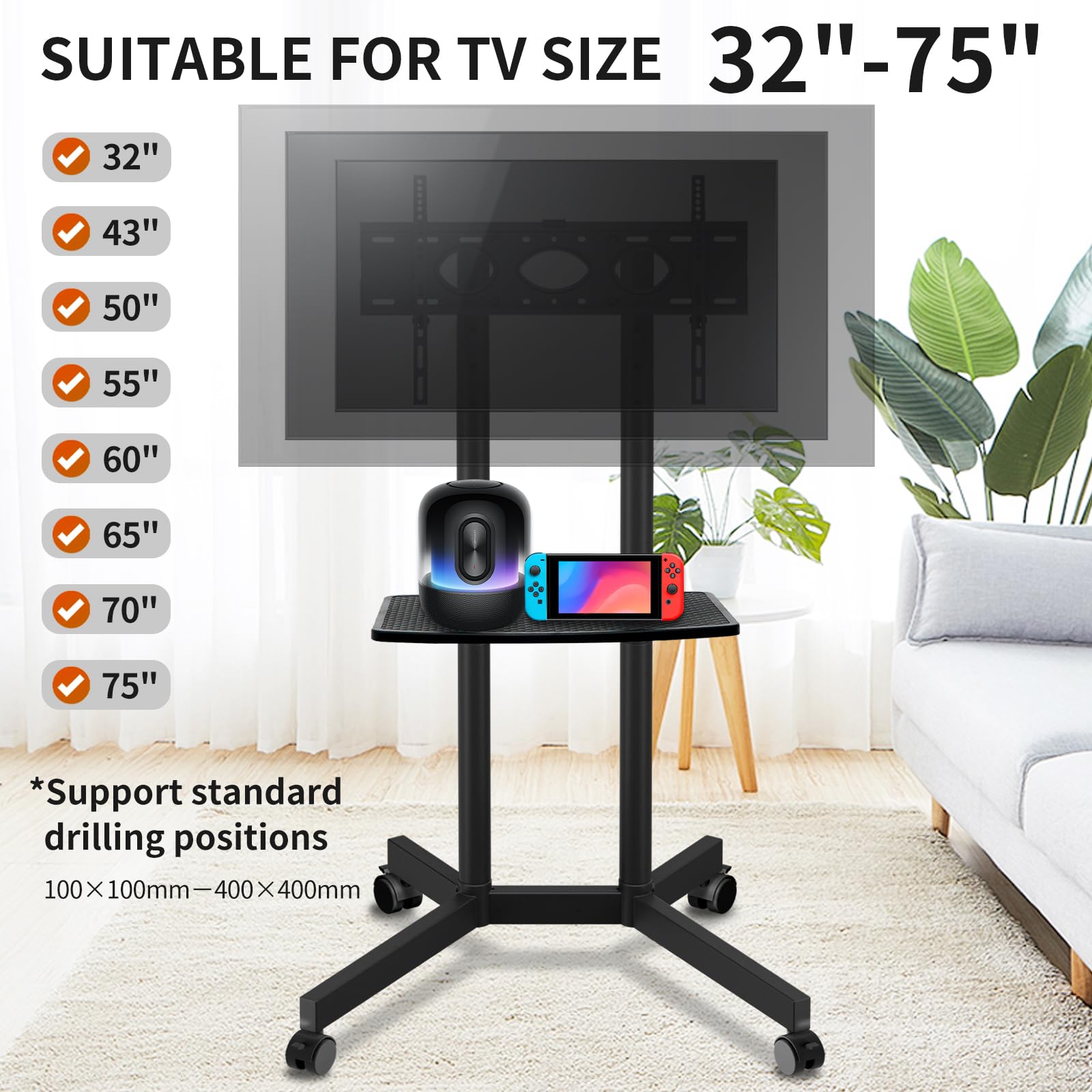 Solid Grace Rolling TV Stand with Power Outlet for 32-75 Inch TVs up to 88lbs, Portable TV Stand with Shelf, Mobile TV Cart for Living Room, Office, Meeting Room, Outdoor(with Power Outlet+Shelf)