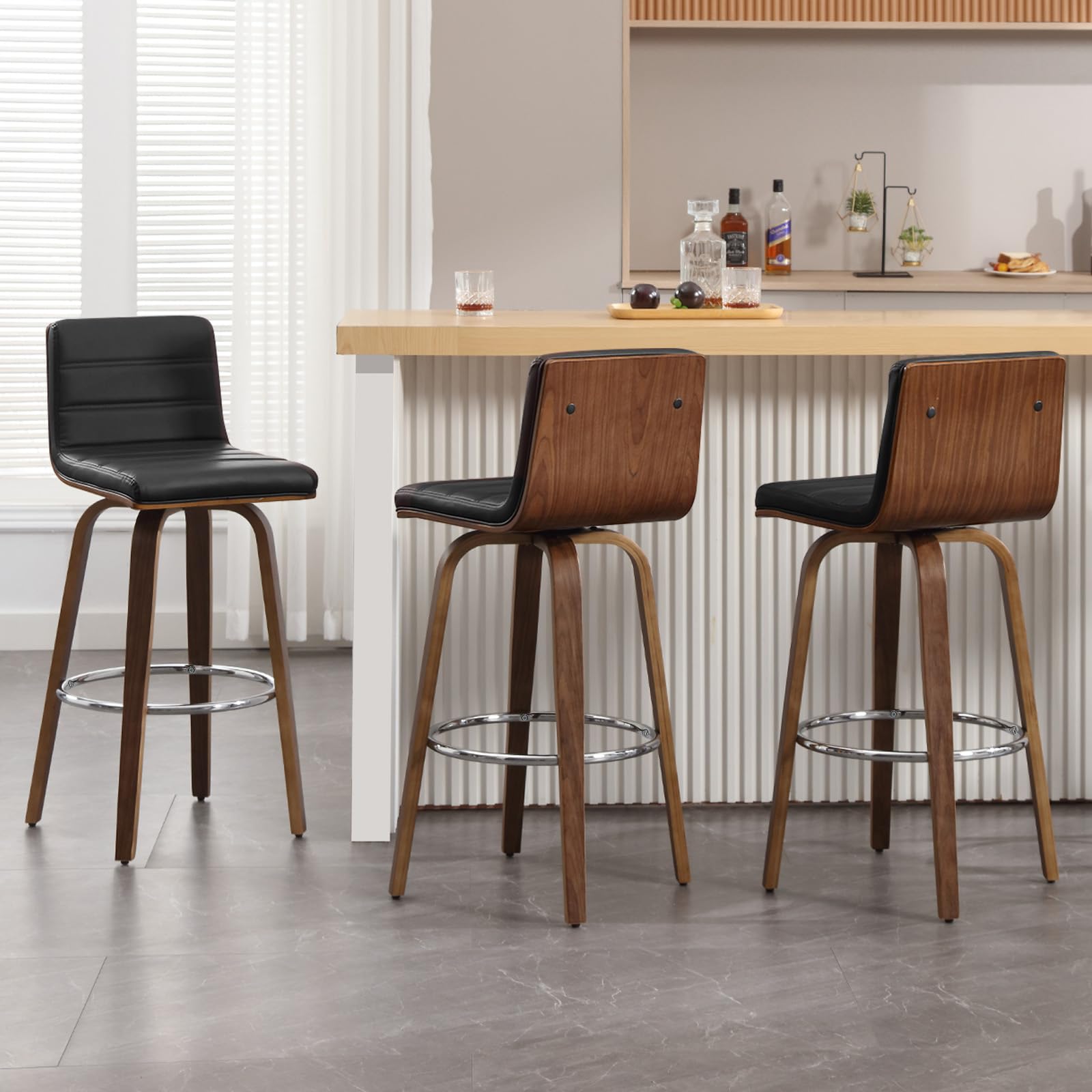 Bar Stools 29 Inch Bar Height, Swivel Bar Stools with Backs Upholstered PU Leather Barstool, L Shape Back and Padded Seat, Mid-Century Modern Bar Stool Pub Chairs for Kitchen Counter Island, Black