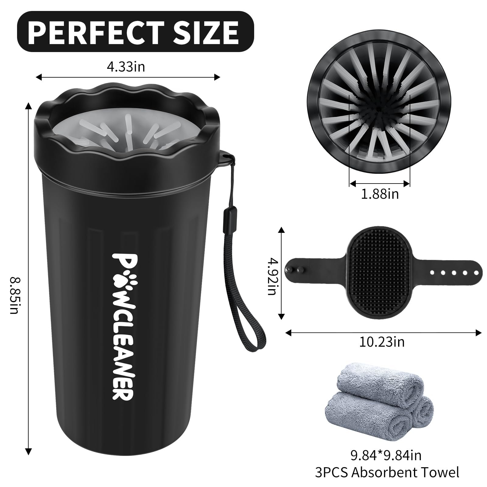 Professional 7 in 1 Dog Paw Cleaner for Dogs & Cats - Includes 1 Portable Paw Washer, 1 Bath Brush, 2 Dog Toothbrushes and 3 Absorbent Towels Note: Fits Paws up to 2 Inches Wide (Small, Black)