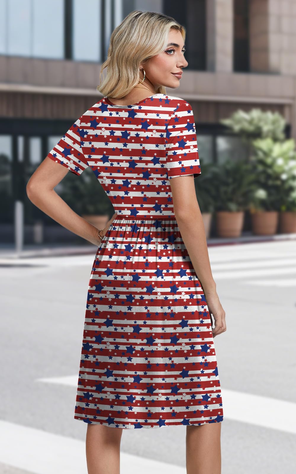 Womens Short Sleeve Empire Waist Dresses Casual Summer Dress with Pockets