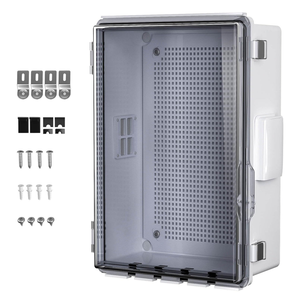 ABS Electrical Junction Box, Ventilated Design, Cable Grommets, IP65 Waterproof Enclosure, Indoor/Outdoor Use with Mounting Panel. (Clear Cover, 8.7"x6.7"x4.3")