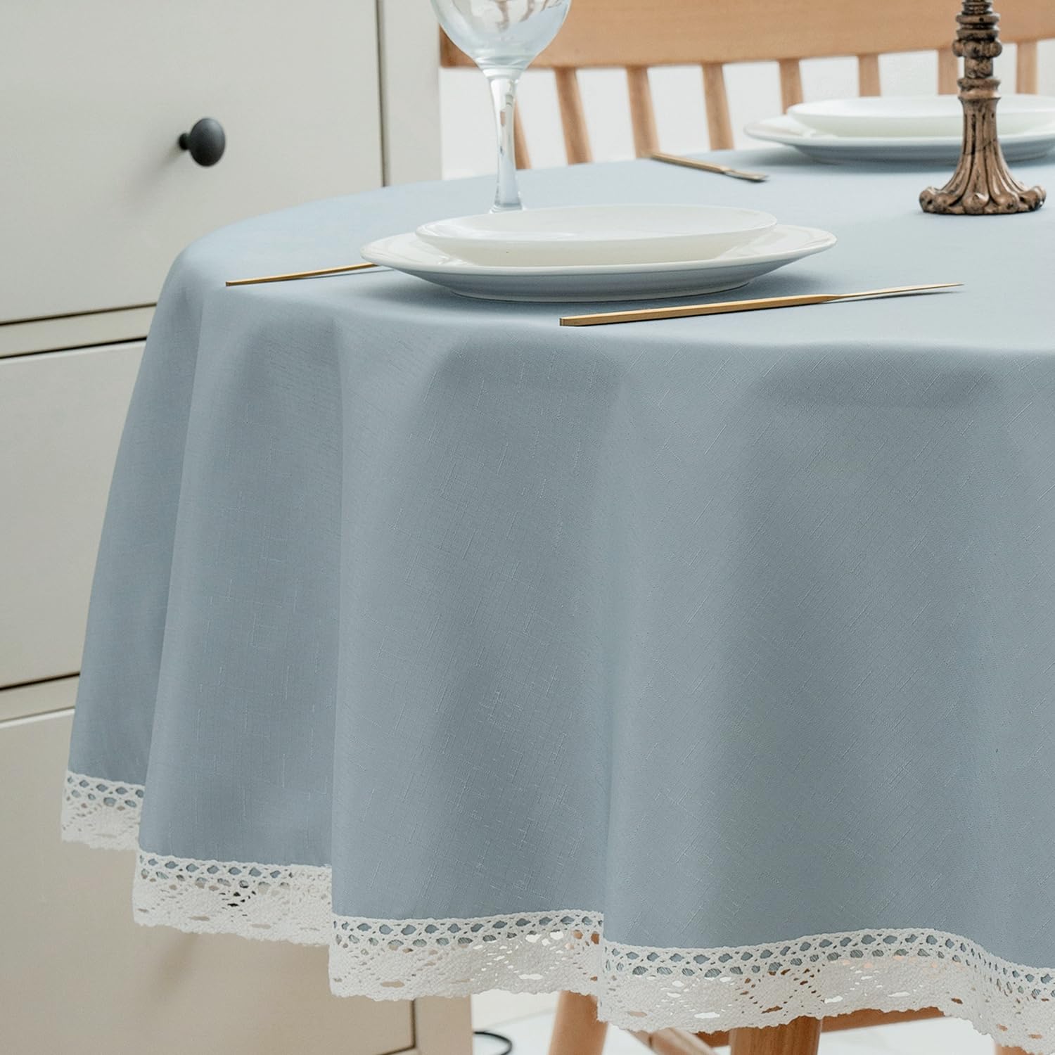 EHouseHome Faux Linen Tablecloth with Lace Trim - Waterproof/Spill Proof/Stain Resistant/Wrinkle Free/Oil Proof - for Banquet, Parties,Dinner,Kitchen,Wedding,Holiday,Blue Fog,Square 52X52Inch