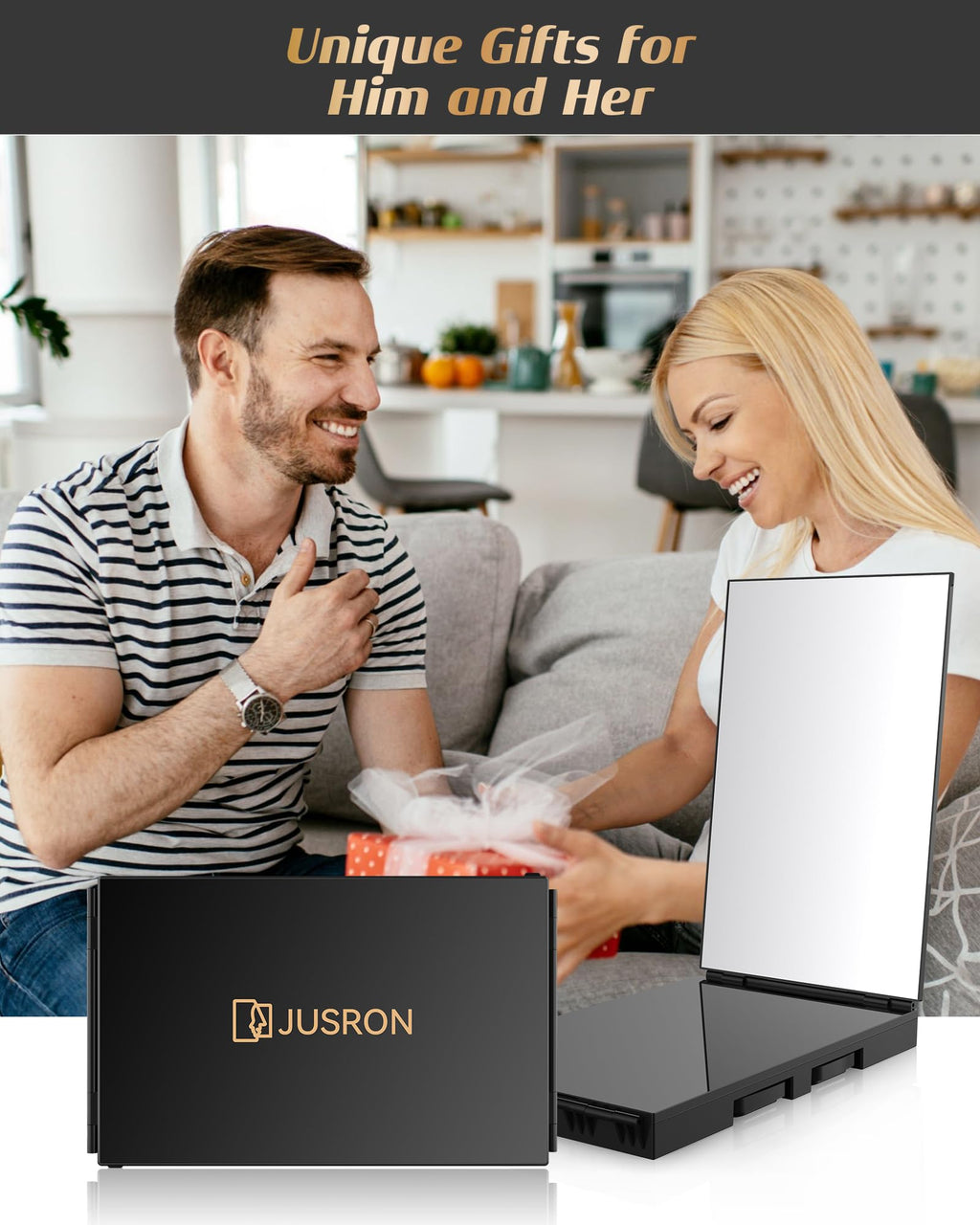 JUSRON 360 Viewing Angle Self Hair Cutting Mirror, Clear Anti-Fog HD Glass, USB Rechargeable, Easy to Use, Height Adjustable, Portable, Good Choice for Gifts
