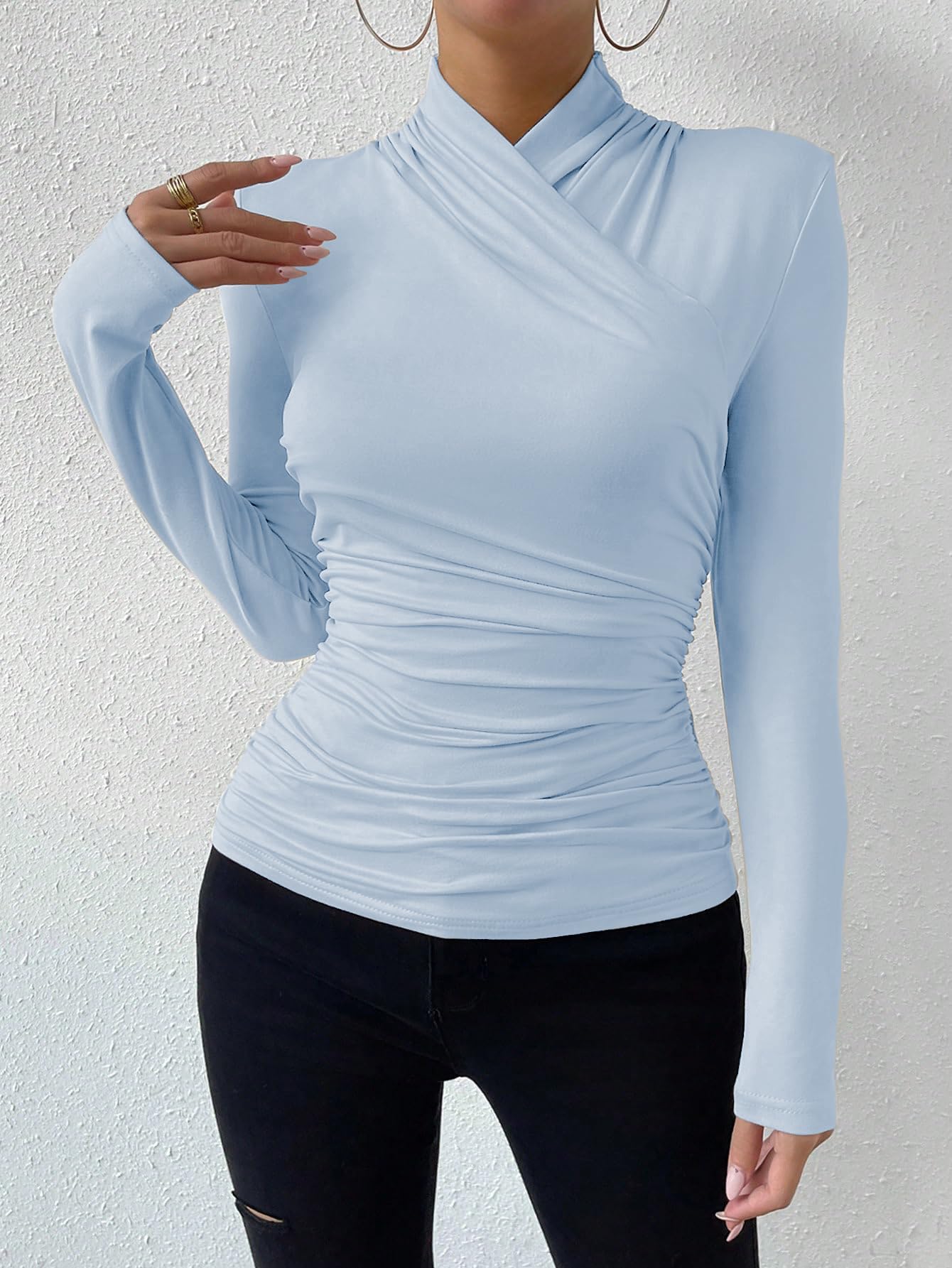 SweatyRocks Women's Ruched Mock Neck Long Sleeve T Shirt Solid Slim Fitted Tee Tops