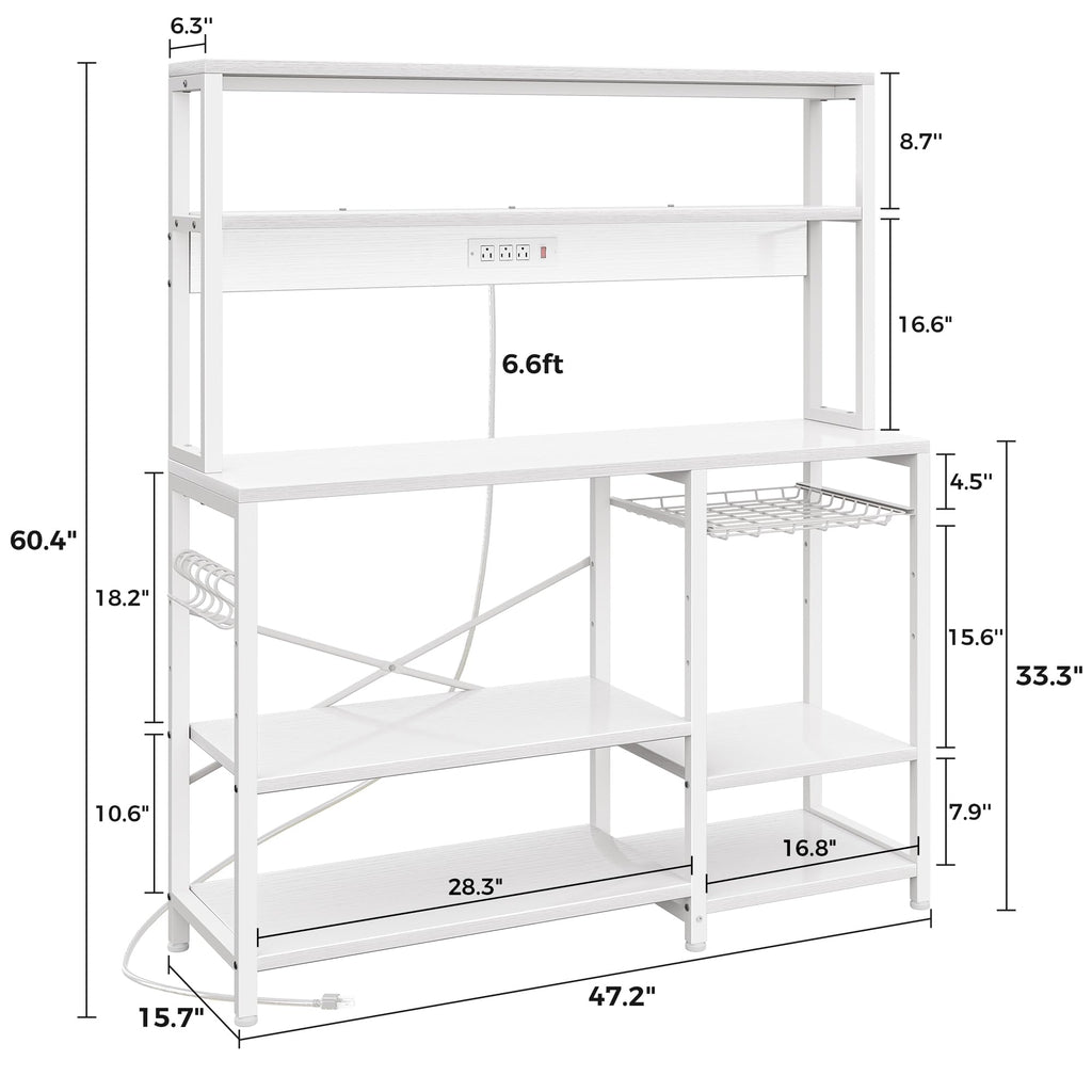 SUPERJARE Bakers Rack with Power Outlet, 35.4 Inches Coffee Bar with Wire Basket, Kitchen Microwave Stand with 6 S-Shaped Hooks, Open Storage Shelves, Black