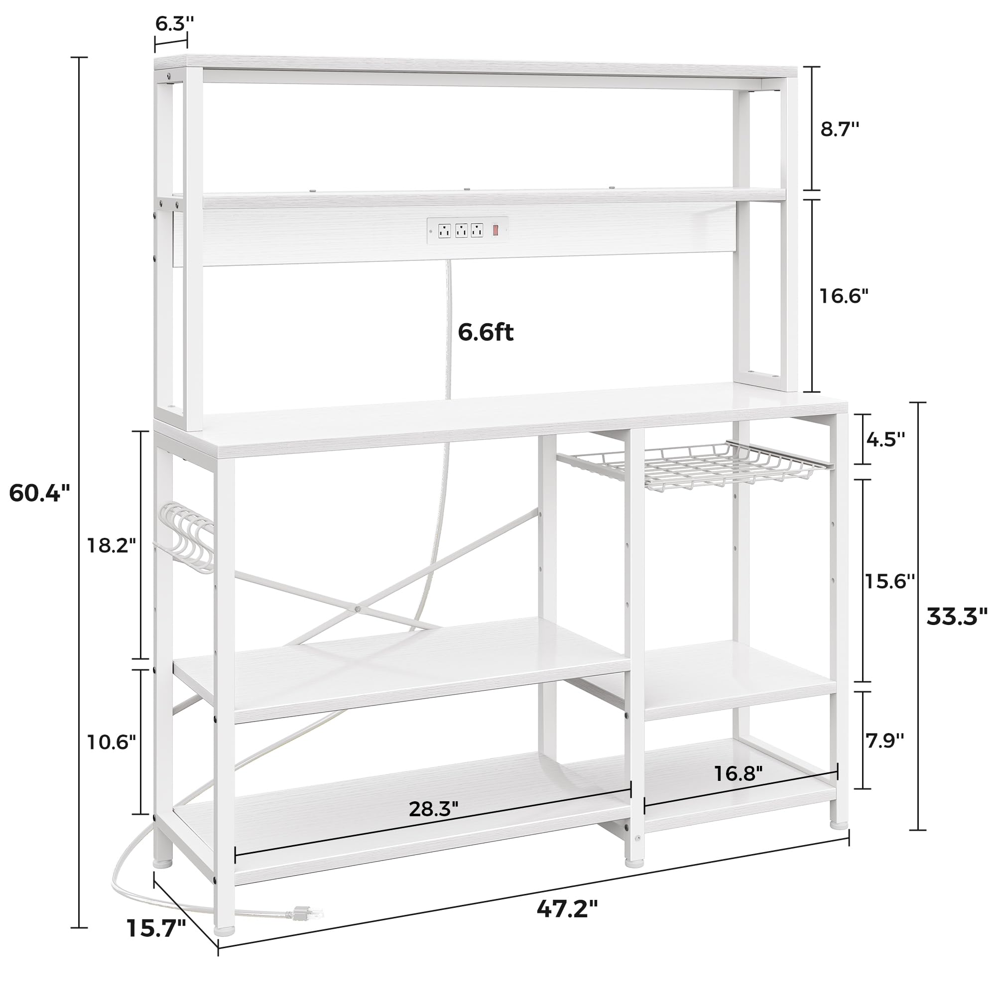 SUPERJARE Bakers Rack with Power Outlet, 35.4 Inches Coffee Bar with Wire Basket, Kitchen Microwave Stand with 6 S-Shaped Hooks, Open Storage Shelves, Black