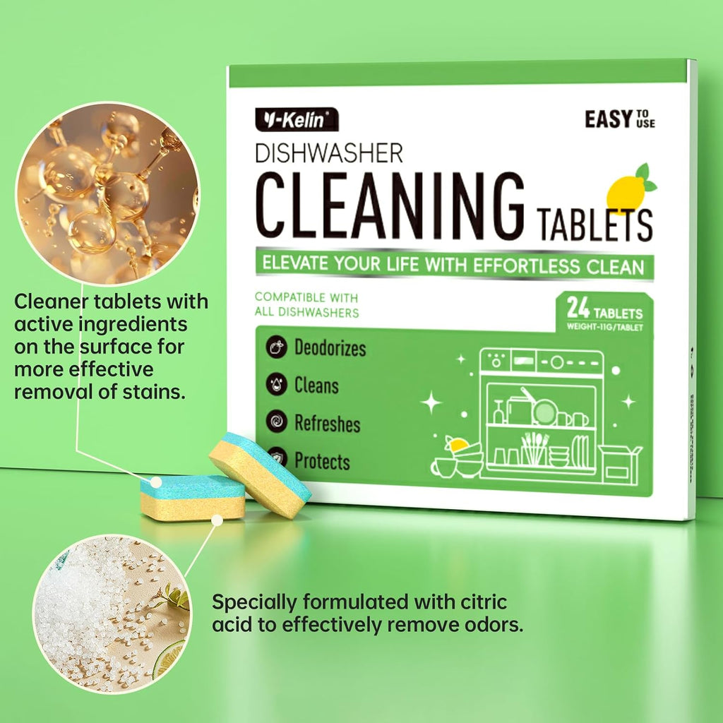Dishwasher Cleaner and Deodorizer Tablets, Dishwasher Cleaning Tablets 24 Pack - Helps Remove Limescale & Odor, Prevents Buildup in Pipes, Safe for All Dishwashers, Lemon Scent - 12 Month Supply
