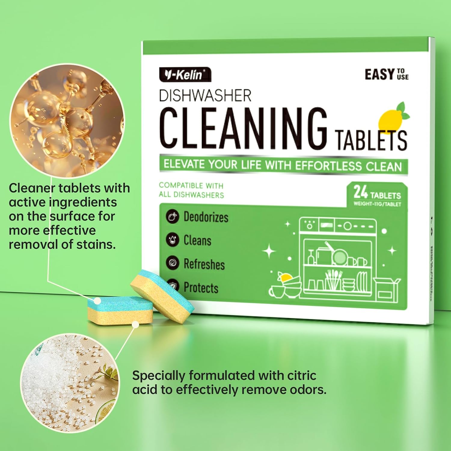 Dishwasher Cleaner and Deodorizer Tablets, Dishwasher Cleaning Tablets 24 Pack - Helps Remove Limescale & Odor, Prevents Buildup in Pipes, Safe for All Dishwashers, Lemon Scent - 12 Month Supply
