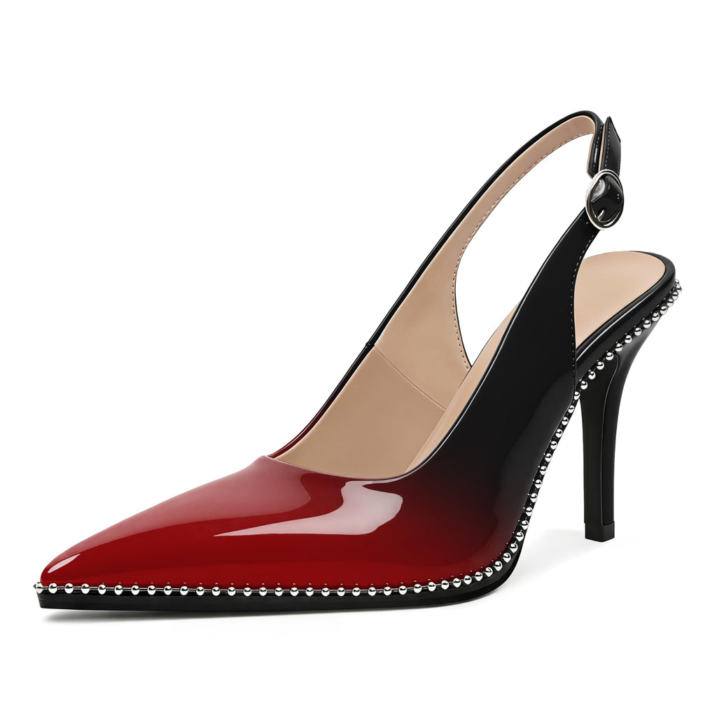 Zamikoo Women Beaded Pumps High Heel Slingback Pointed Toe Slip On 3.5 Inch Stilettos Ankle Strap Adjustable Buckle Patent Leather US Size 5 -Size 13