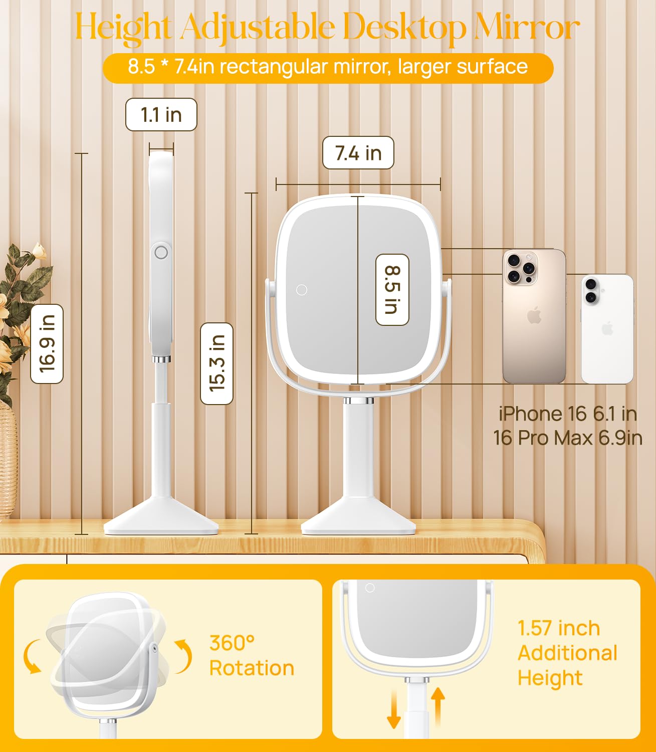 Gospire Rectangle Lighted Makeup Mirror with Lights and 1X/7X Magnifying Mirror, Height Adjustable and 4000mAh Rechargeable for Bedroom, 8.5”x7.4” Large Surface, Stepless Dimming - White