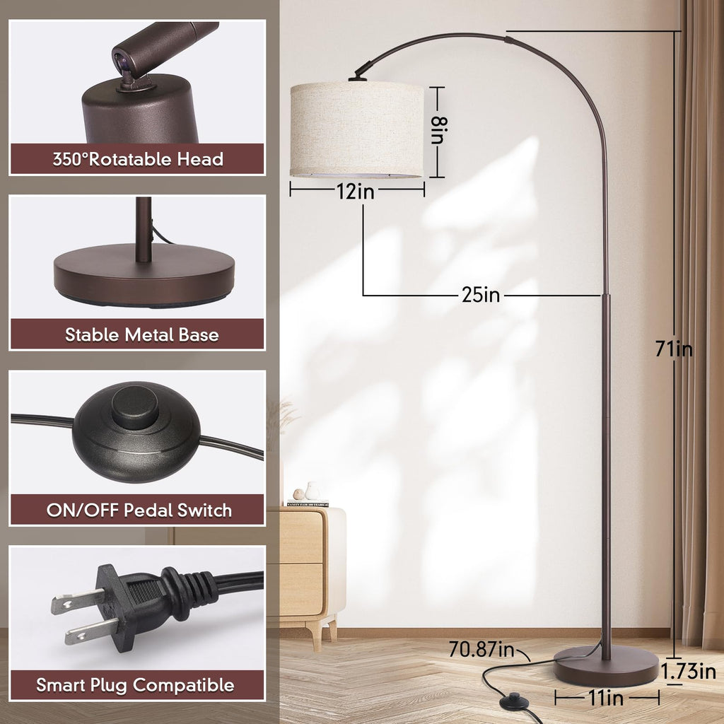 Rattan Floor Lamp, Arc Floor Lamps for Living Room, Farmhouse Standing Lamp with Adjustable Hanging Fabric Shade, Tall Pole Lamp with Foot Switch, Over Couch Arched Reading Light for Bedroom, Office